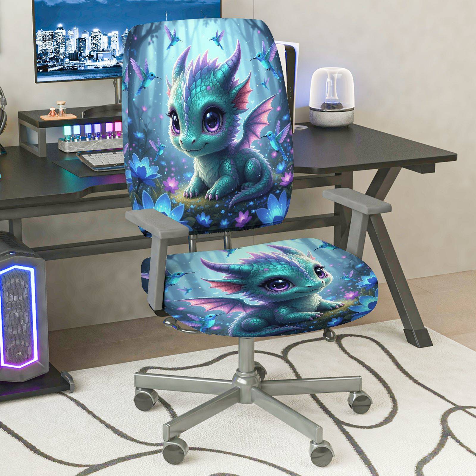 2-Piece Cute Dragon Fantasy Blue Flowers Fairies Magic  Computer Chair Cover Set, Seat and Backrest