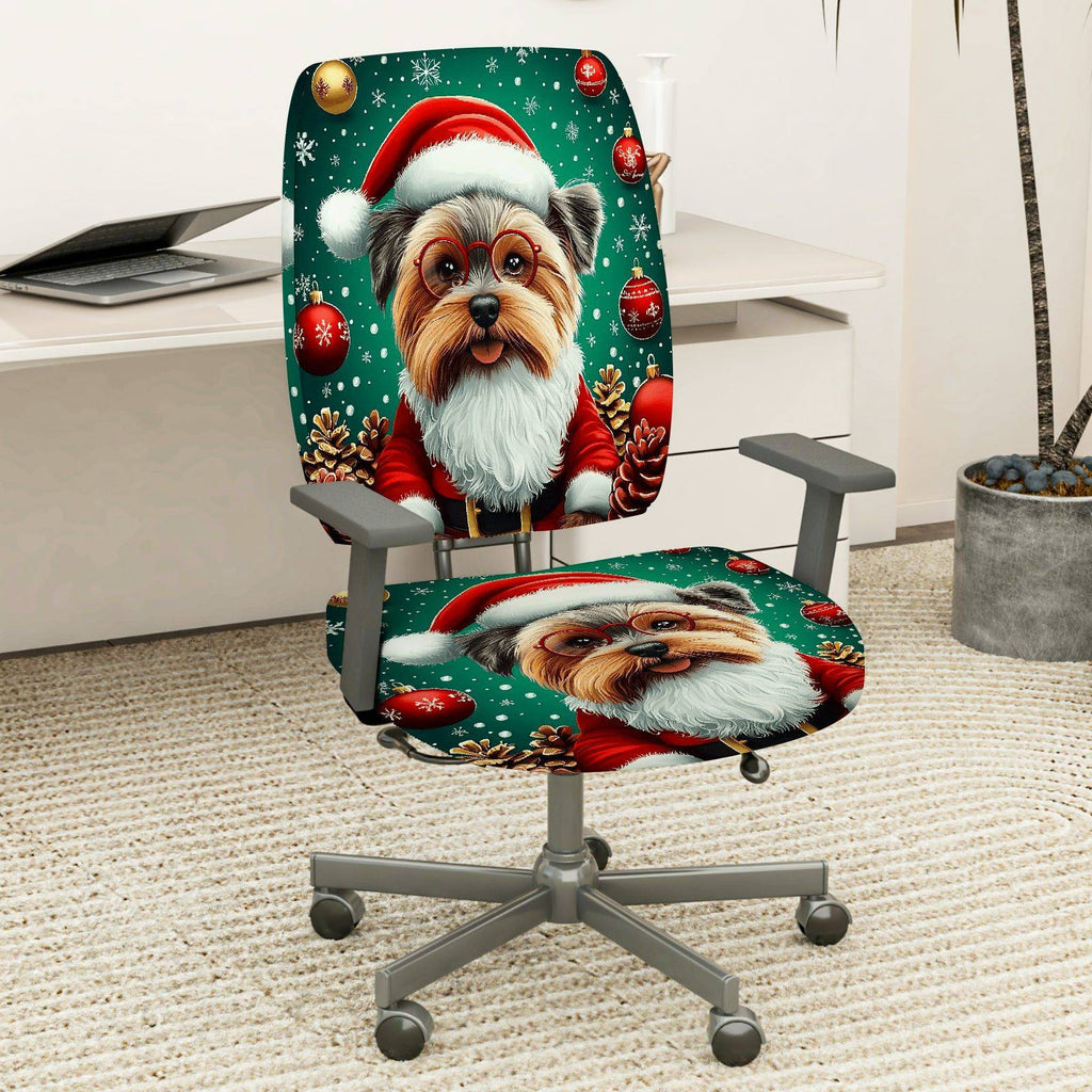 2-Piece Christmas Dog Santa Hat Pinecone Snowflakes  Computer Chair Cover Set, Seat and Backrest