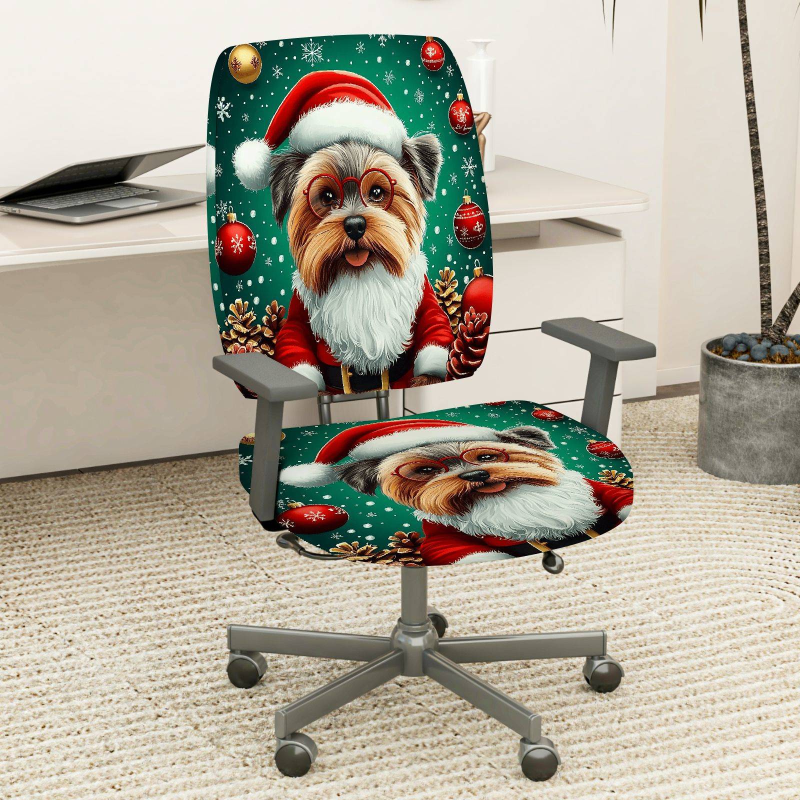 2-Piece Christmas Dog Santa Hat Pinecone Snowflakes  Computer Chair Cover Set, Seat and Backrest
