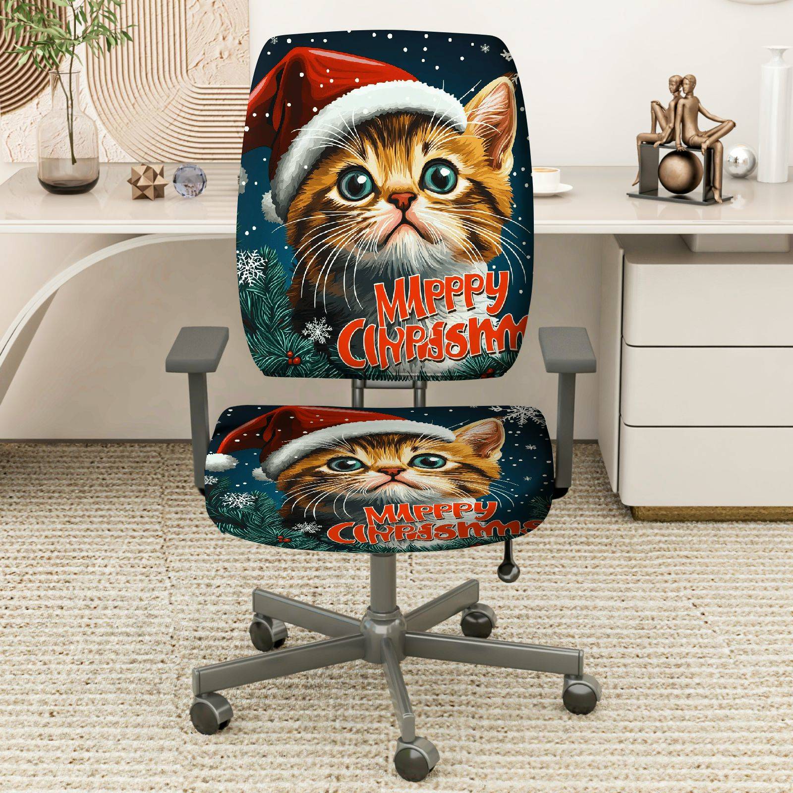2-Piece Christmas Cat Festive Holiday Decor  Computer Chair Cover Set, Seat and Backrest