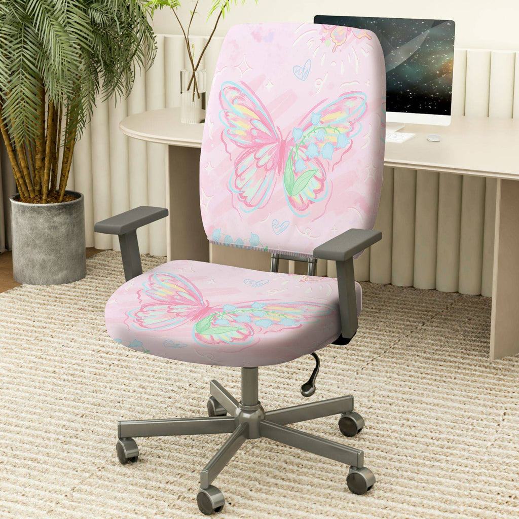 2-Piece Pink Butterfly Pastel Artistic Cheerful Cute  Computer Chair Cover Set, Seat and Backrest