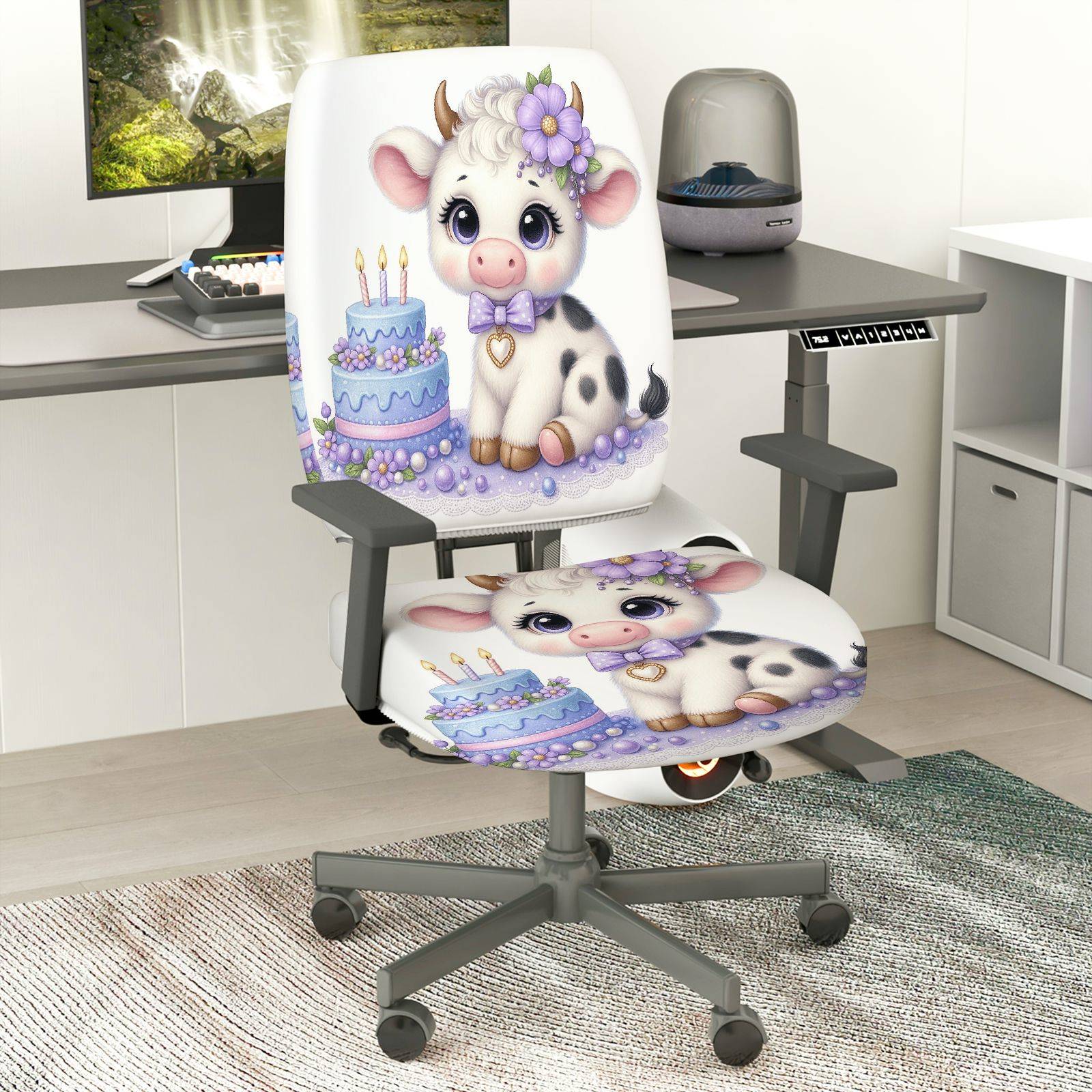 2-Piece Cow Birthday Celebration Cute Decorative  Computer Chair Cover Set, Seat and Backrest