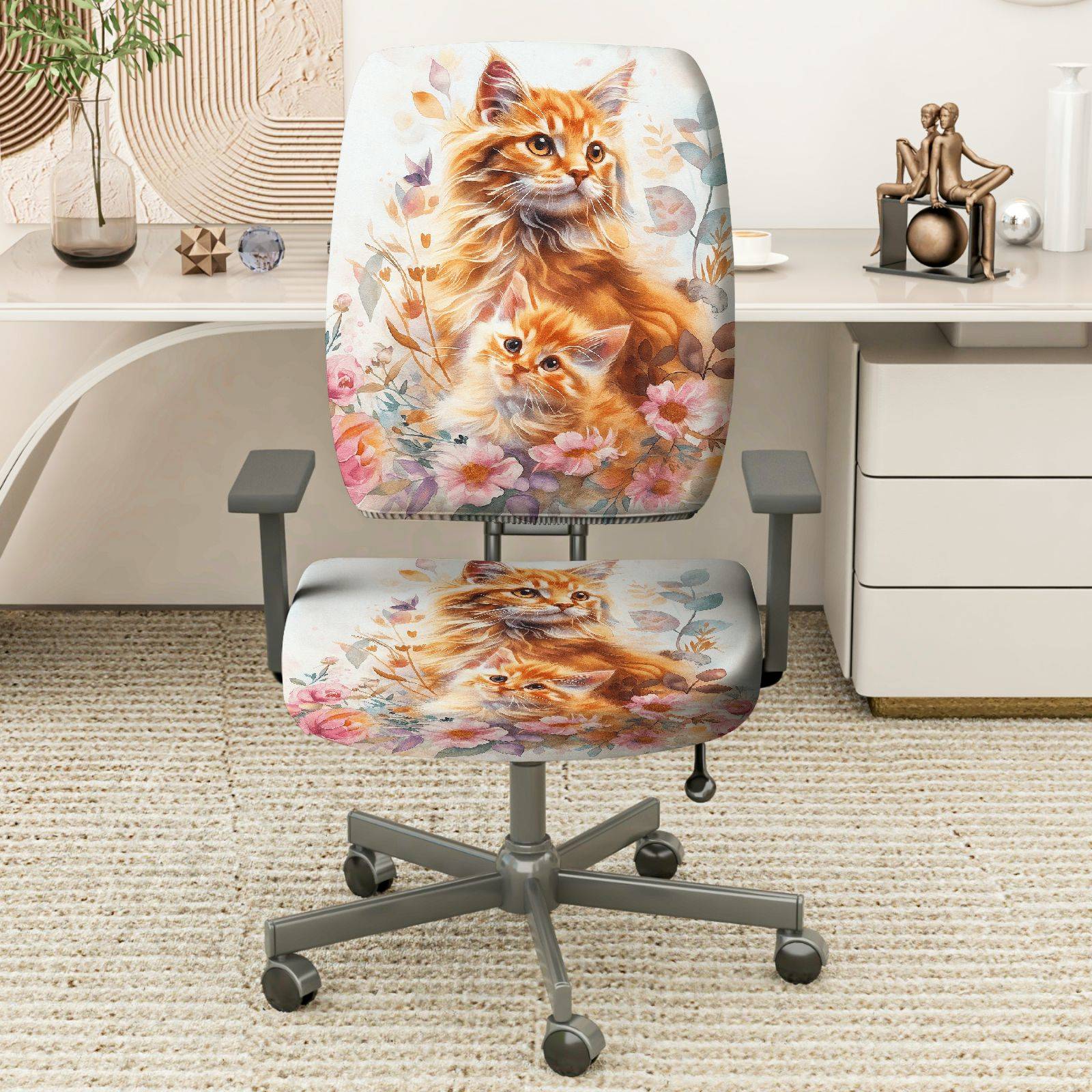 2-Piece Cute Floral Cat Animal Art  Computer Chair Cover Set, Seat and Backrest