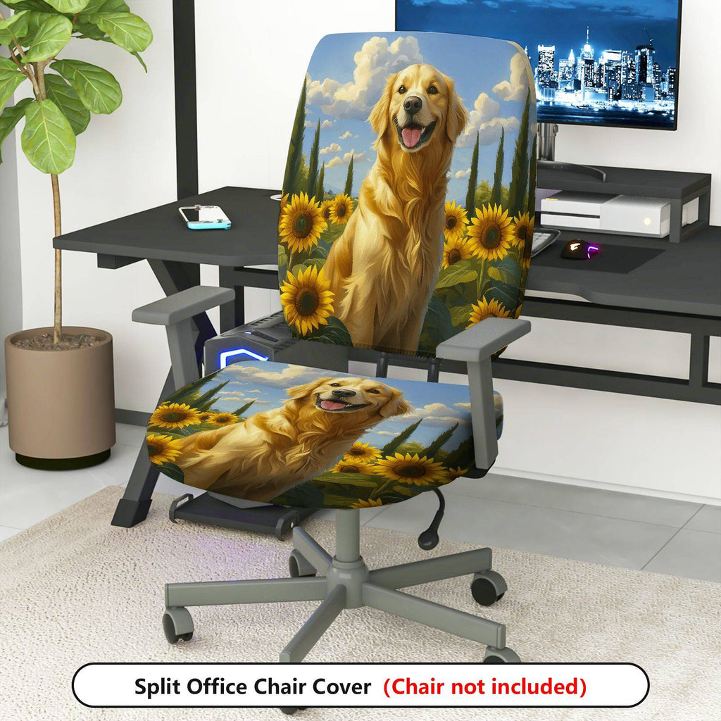 2-Piece Golden Retriever Sunflower Sky Landscape  Computer Chair Cover Set, Seat and Backrest