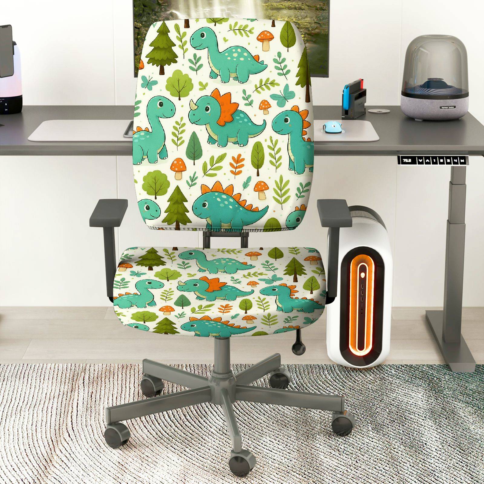 2-Piece Dinosaur Forest Green Cute  Computer Chair Cover Set, Seat and Backrest