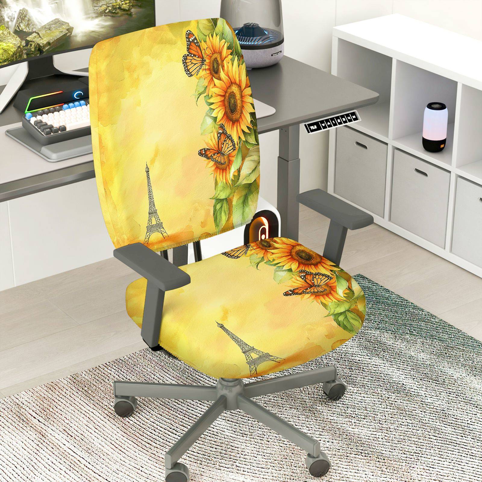 2-Piece Sunflower Eiffel Tower Butterfly Nature Autumn  Computer Chair Cover Set, Seat and Backrest