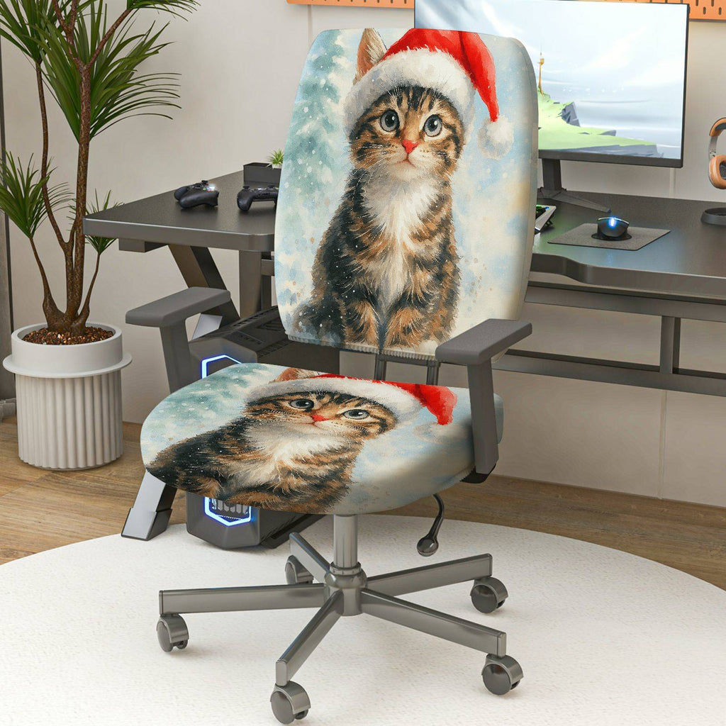 2-Piece Christmas Santa Claus Cat Snow Winter  Computer Chair Cover Set, Seat and Backrest