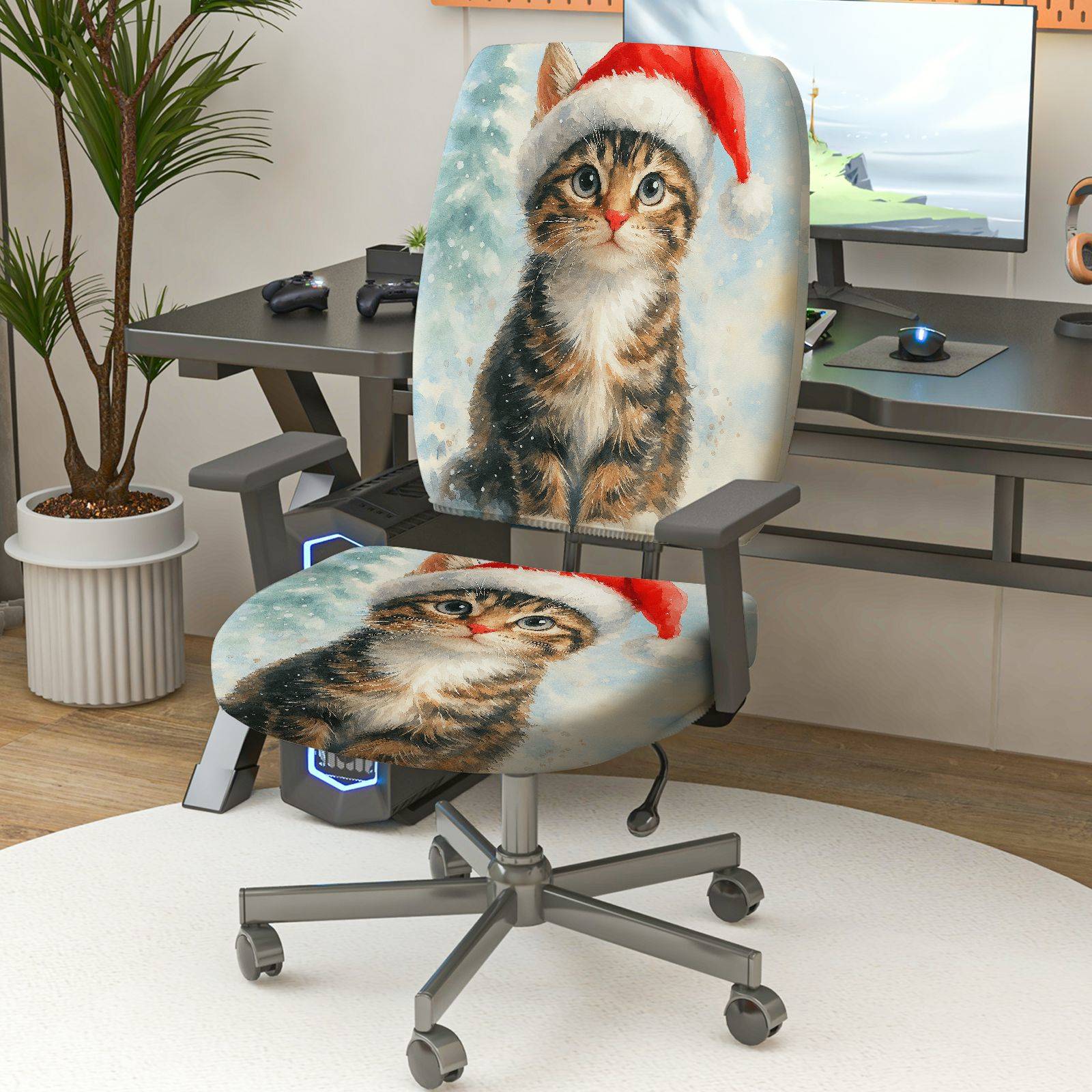 2-Piece Christmas Santa Claus Cat Snow Winter  Computer Chair Cover Set, Seat and Backrest