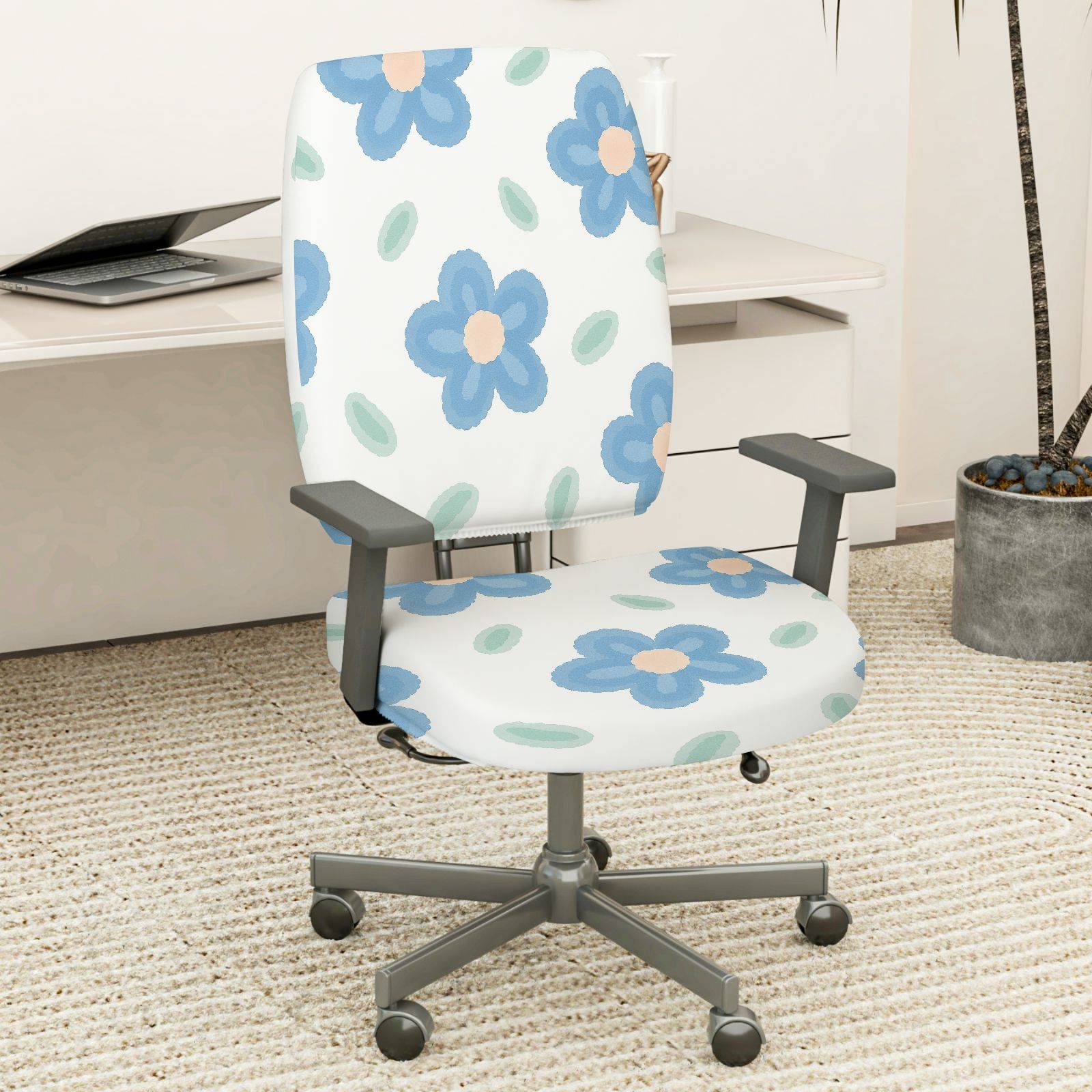 2-Piece Floral Pattern Cute Stylish Blue Leaf  Computer Chair Cover Set, Seat and Backrest