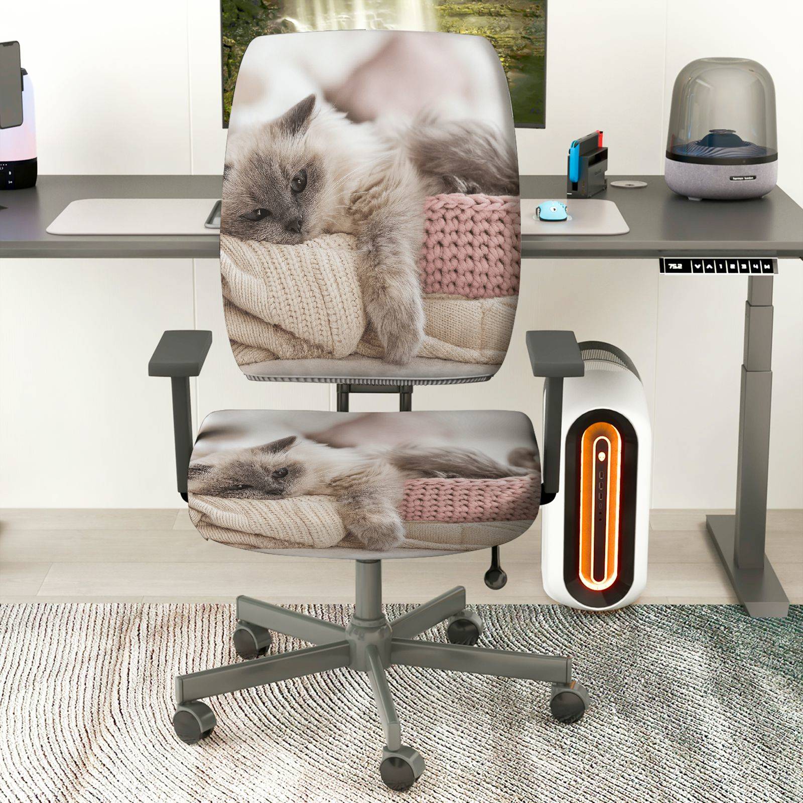 2-Piece Cute Cozy Cat Pattern  Computer Chair Cover Set, Seat and Backrest