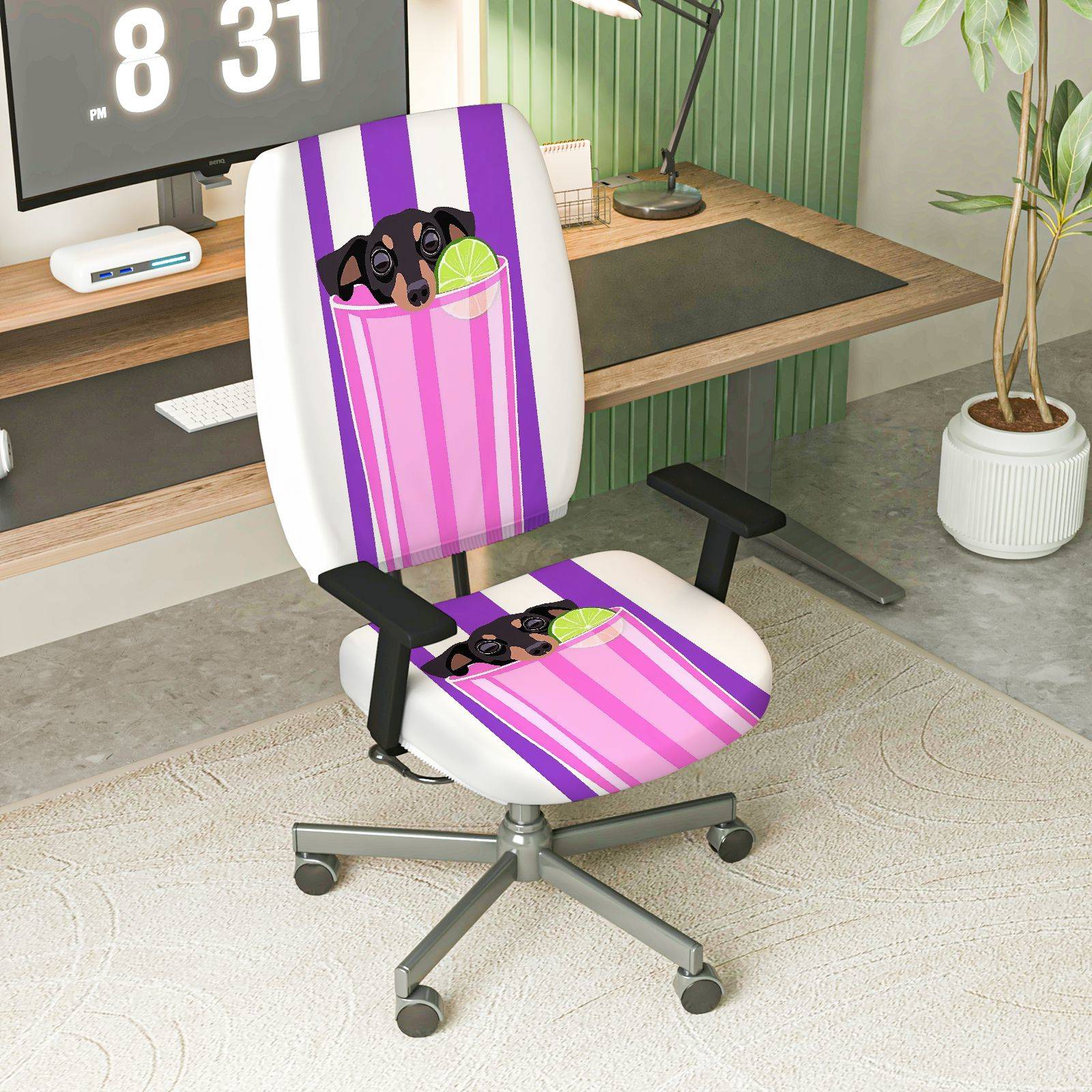 2-Piece Cute Dog Drink Pink Purple Stripe  Computer Chair Cover Set, Seat and Backrest