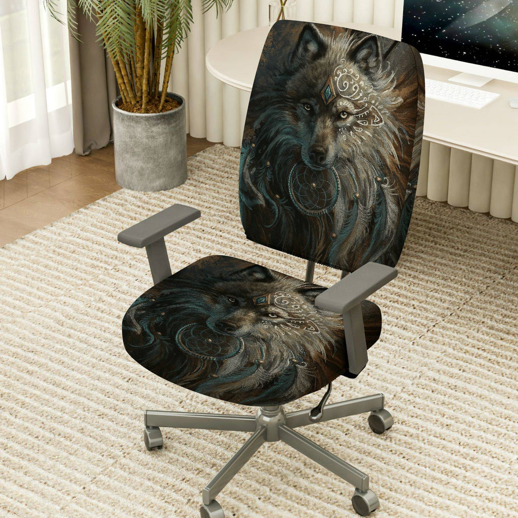 2-Piece Wolf Tribal Dreamcatcher Artistic Mystical  Computer Chair Cover Set, Seat and Backrest