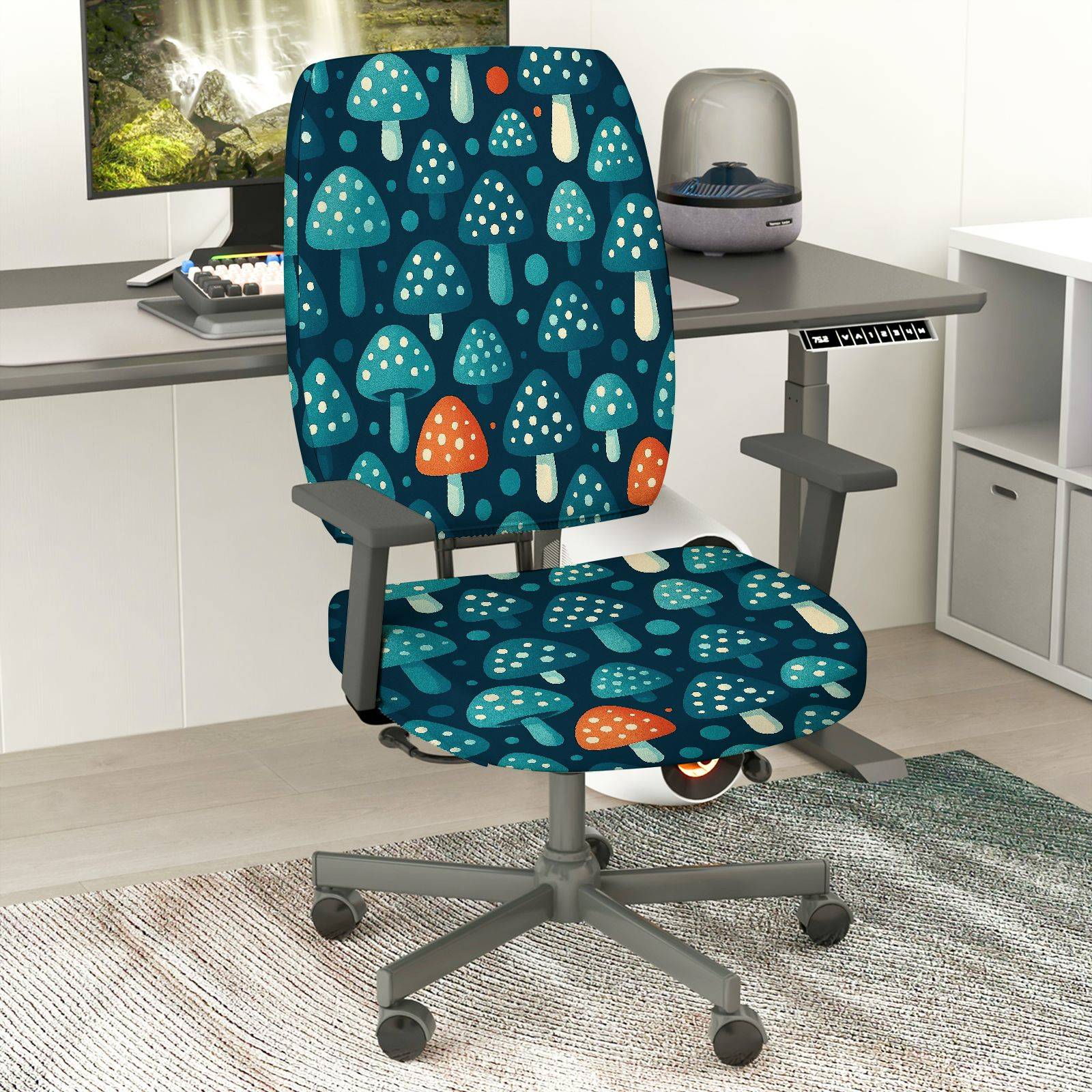 2-Piece Mushroom Forest Pattern Decorative Comfortable Ergonomic  Computer Chair Cover Set, Seat and Backrest