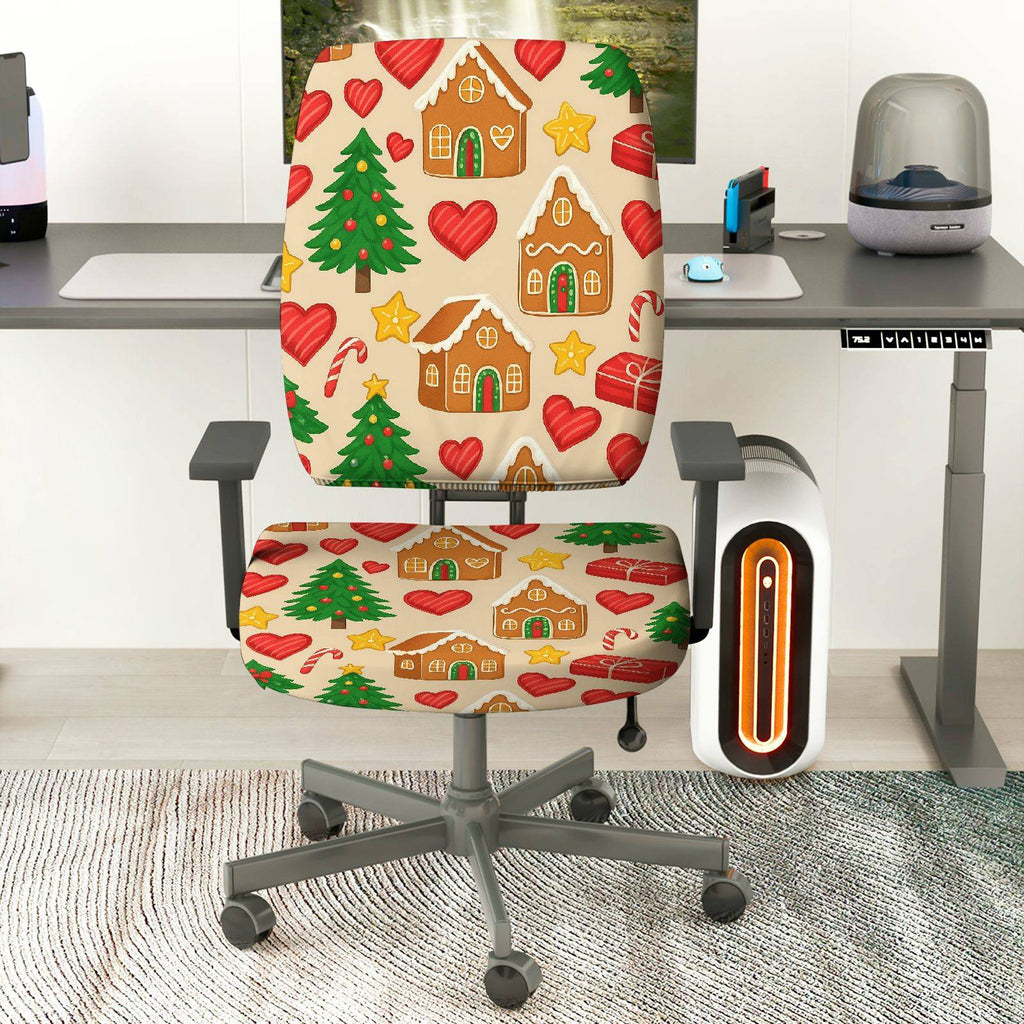 2-Piece Christmas Gingerbread House Candy Cane Tree Holiday  Computer Chair Cover Set, Seat and Backrest