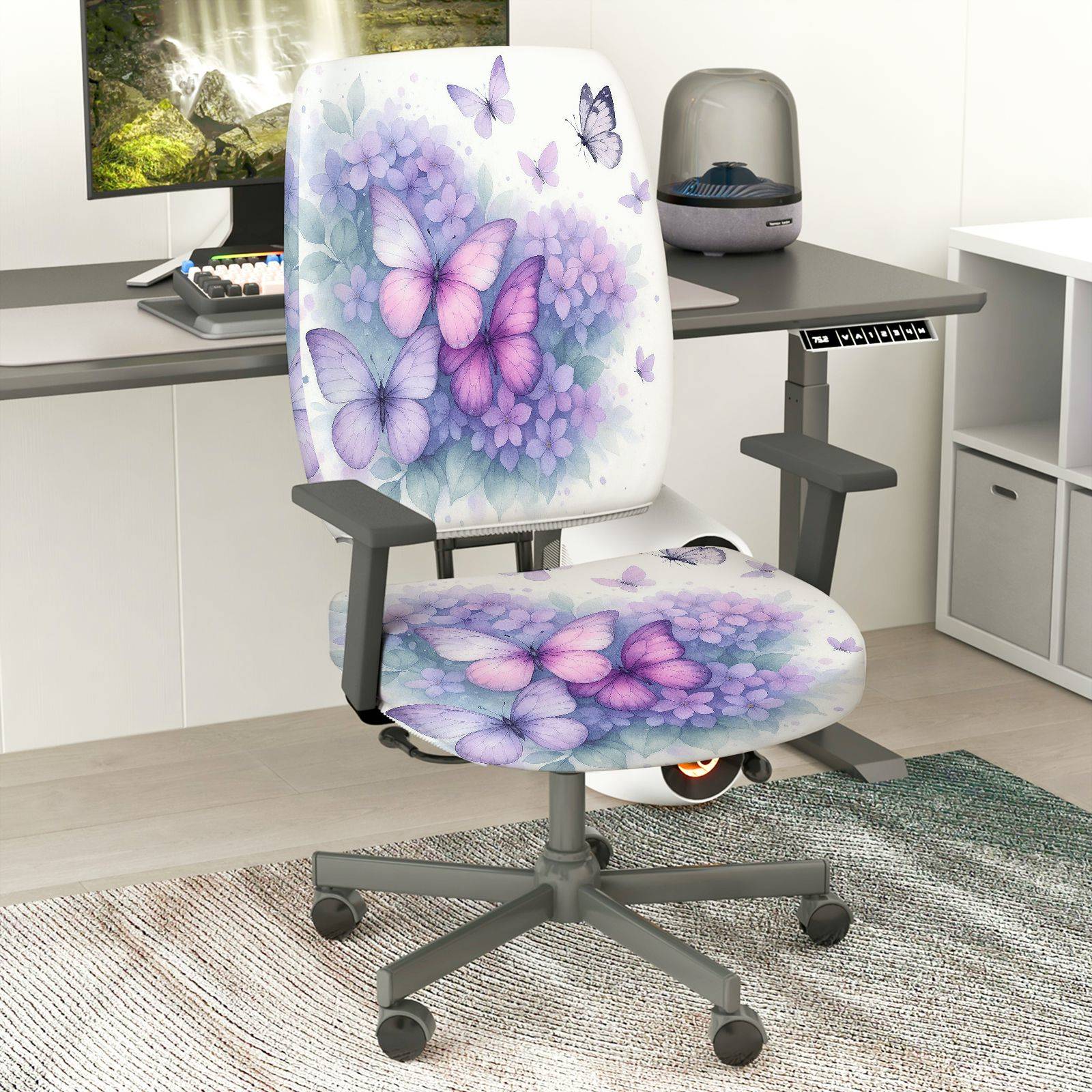 2-Piece Butterfly Floral Pastel Elegant Delicate  Computer Chair Cover Set, Seat and Backrest