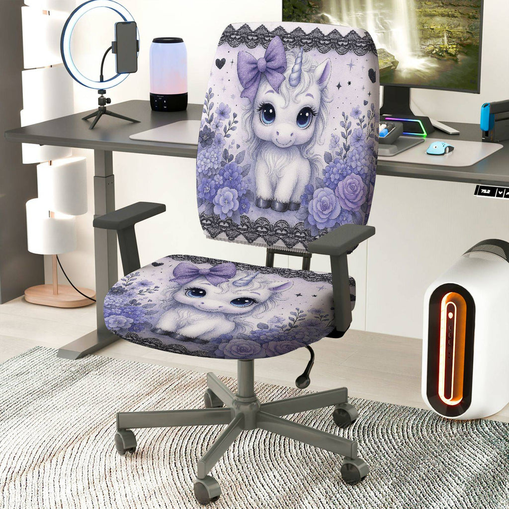 2-Piece Unicorn Floral Cute Purple Fantasy  Computer Chair Cover Set, Seat and Backrest
