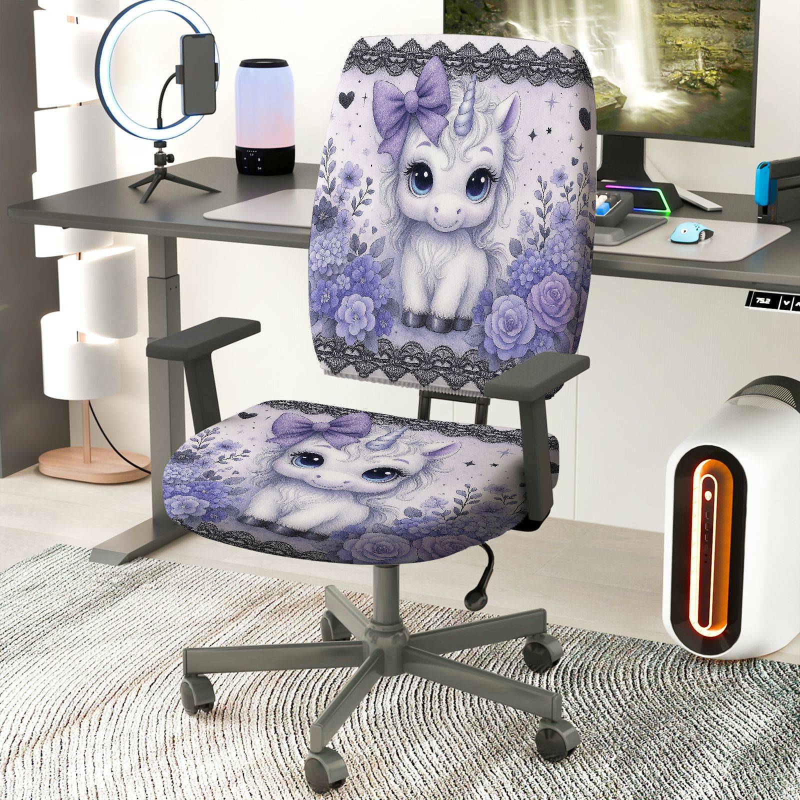 2-Piece Unicorn Floral Cute Purple Fantasy  Computer Chair Cover Set, Seat and Backrest