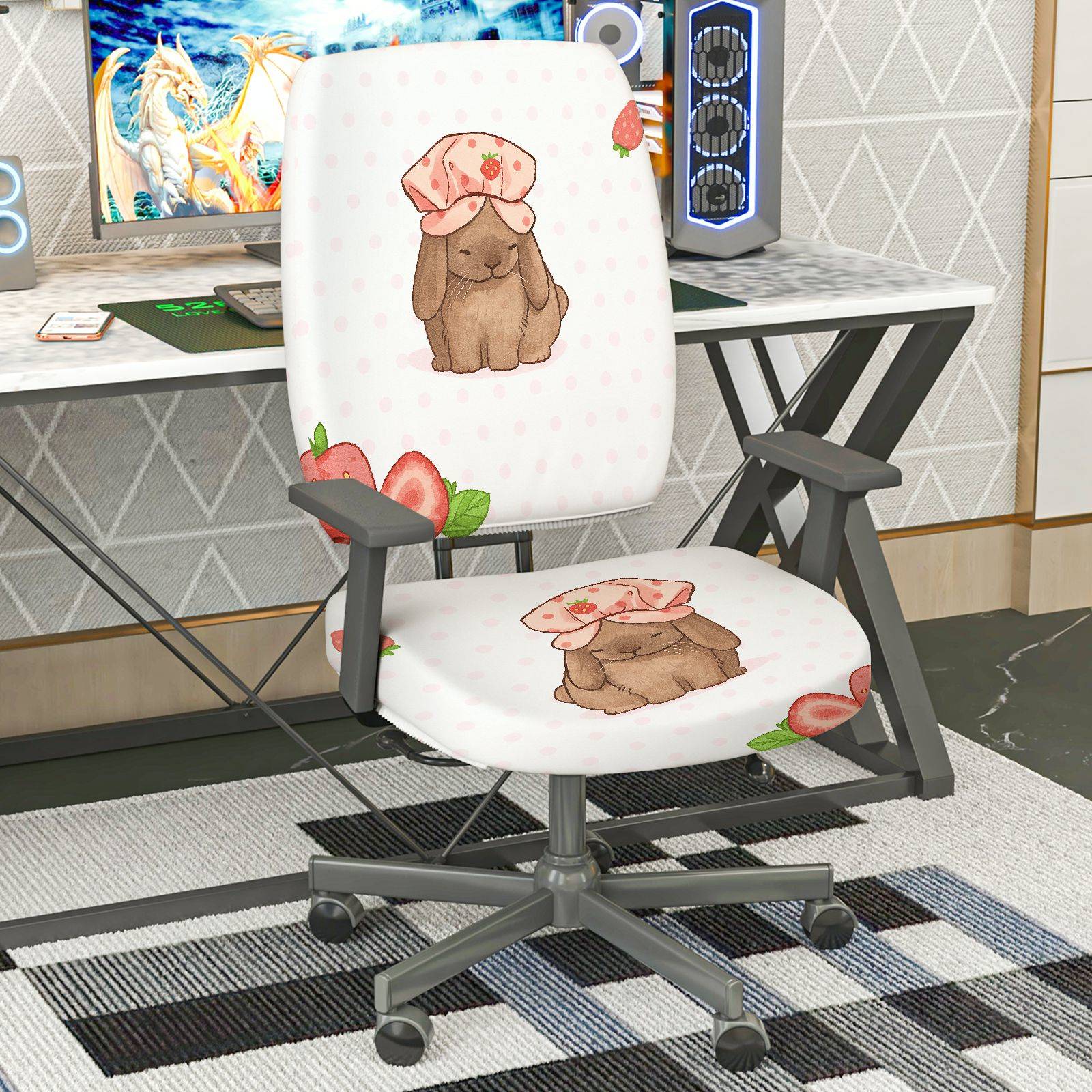 2-Piece Cute Bunny Strawberry Pink Polka Dot  Computer Chair Cover Set, Seat and Backrest