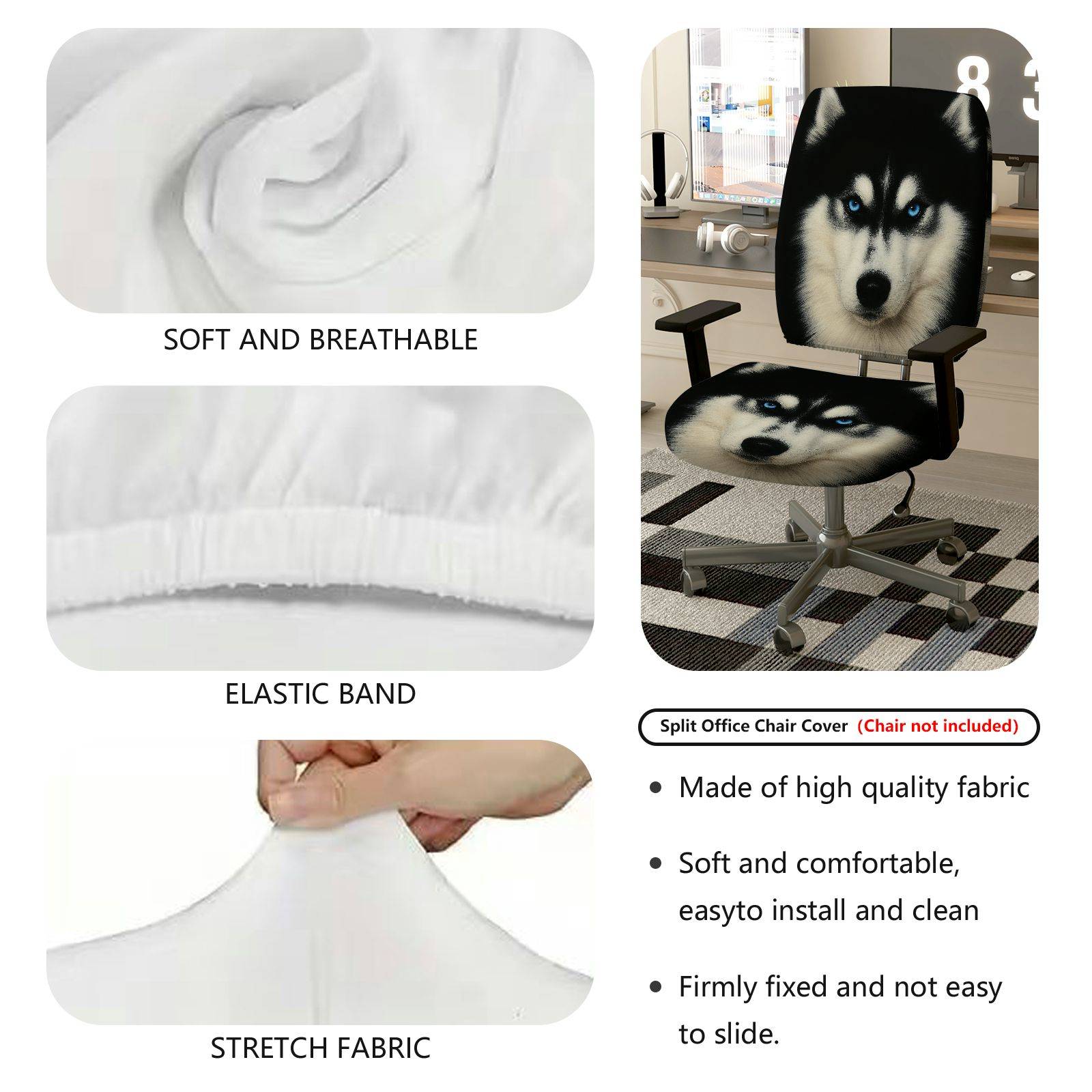 2-Piece Wolf Animal Art Blue Eyes Novelty Husky Dog  Computer Chair Cover Set, Seat and Backrest