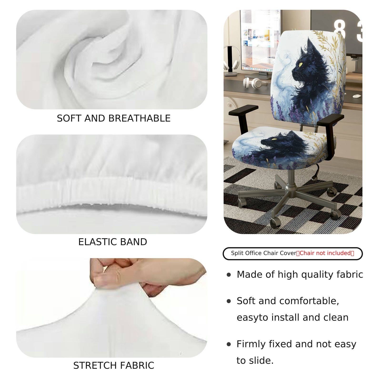 2-Piece Black Cat Gothic Mysterious Art Halloween  Computer Chair Cover Set, Seat and Backrest