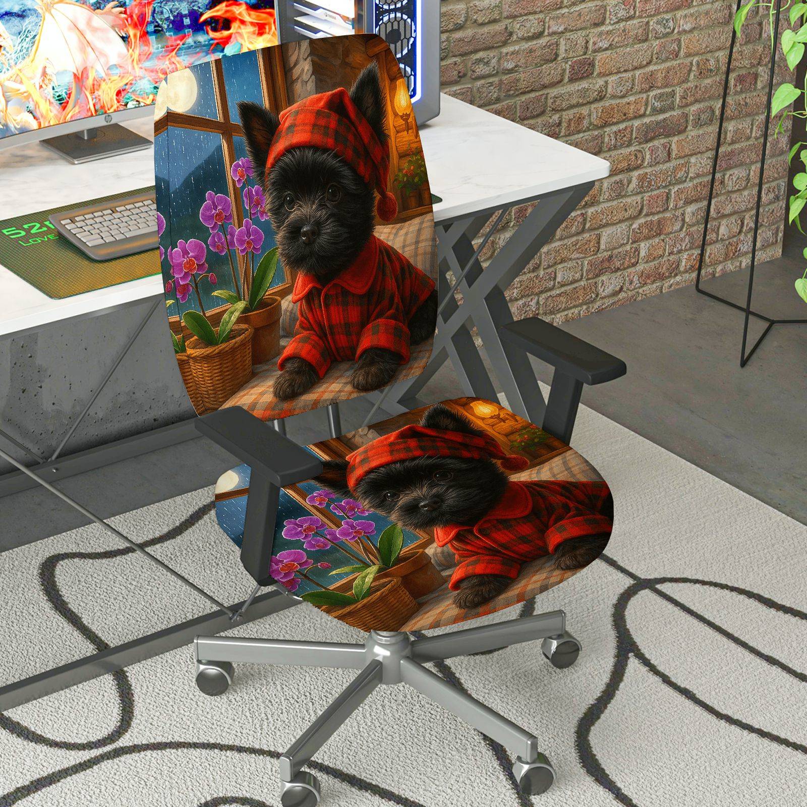 2-Piece Cute Dog Cozy Plaid Nature Winter  Computer Chair Cover Set, Seat and Backrest