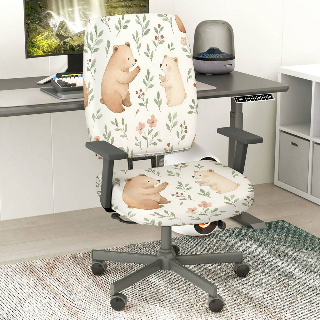 2-Piece Cute Bear Floral Nature  Computer Chair Cover Set, Seat and Backrest