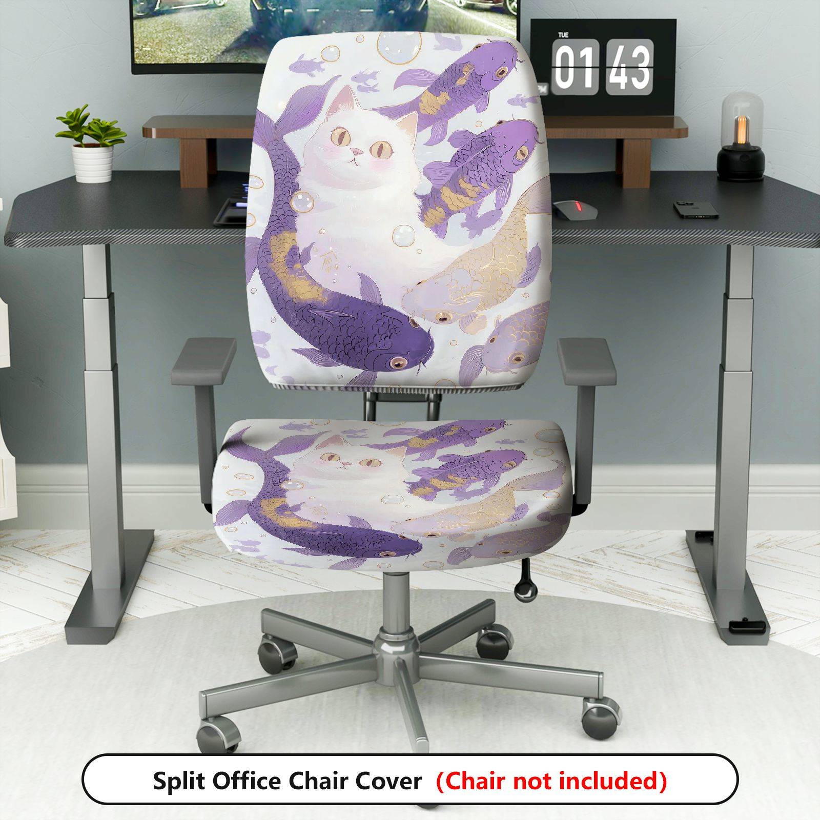 2-Piece Cat Fish Fantasy Art  Computer Chair Cover Set, Seat and Backrest