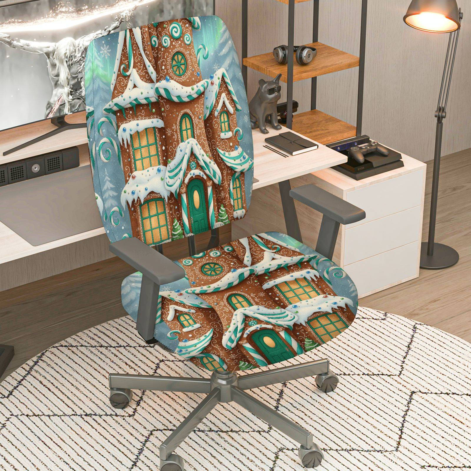 2-Piece Christmas Snowy Gingerbread House Winter Holiday  Computer Chair Cover Set, Seat and Backrest