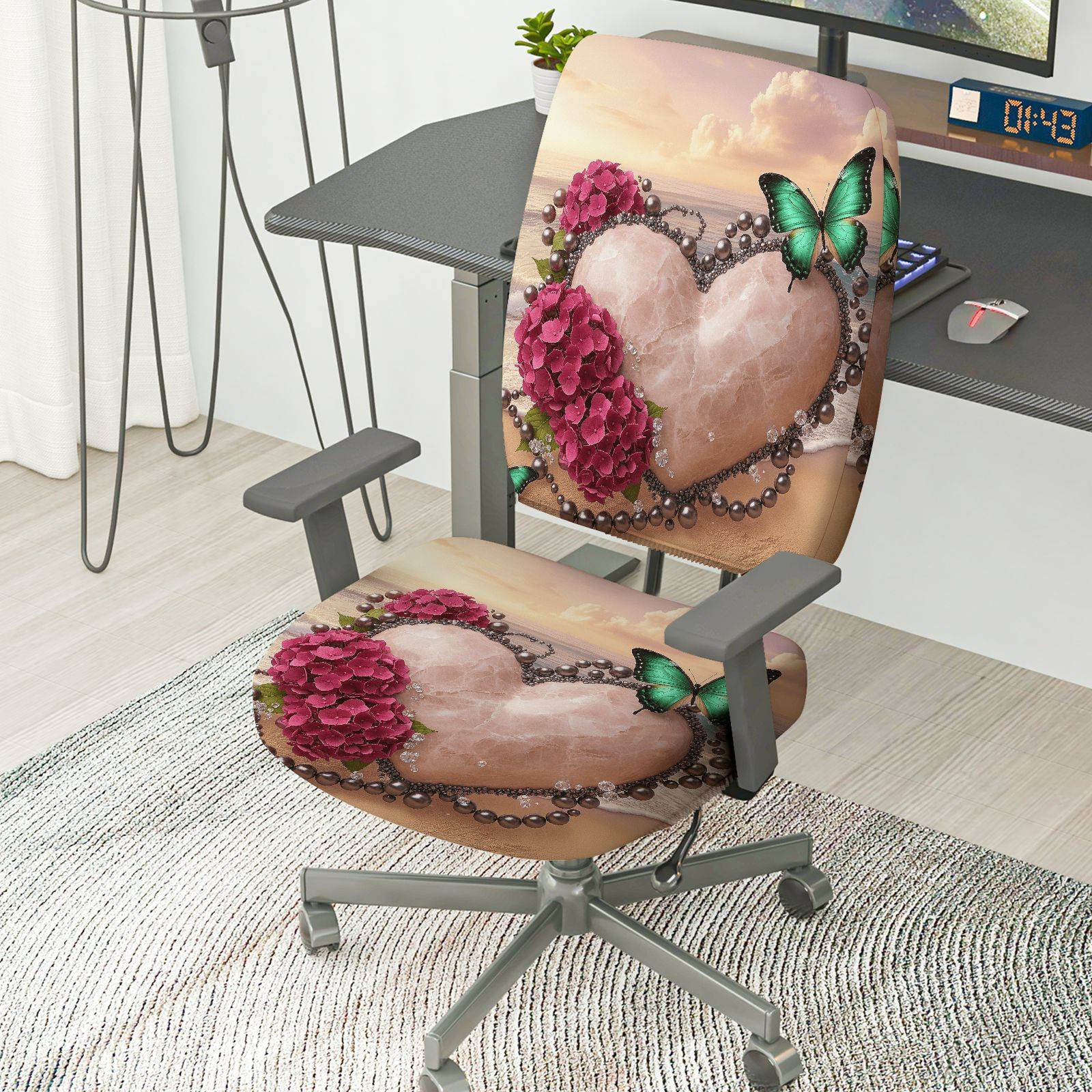 2-Piece Romantic Heart Flower Butterfly Pearl  Computer Chair Cover Set, Seat and Backrest