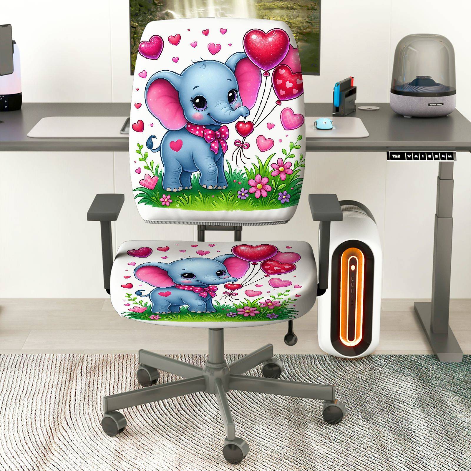 2-Piece Cute Elephant Heart Balloon Flower Grass  Computer Chair Cover Set, Seat and Backrest