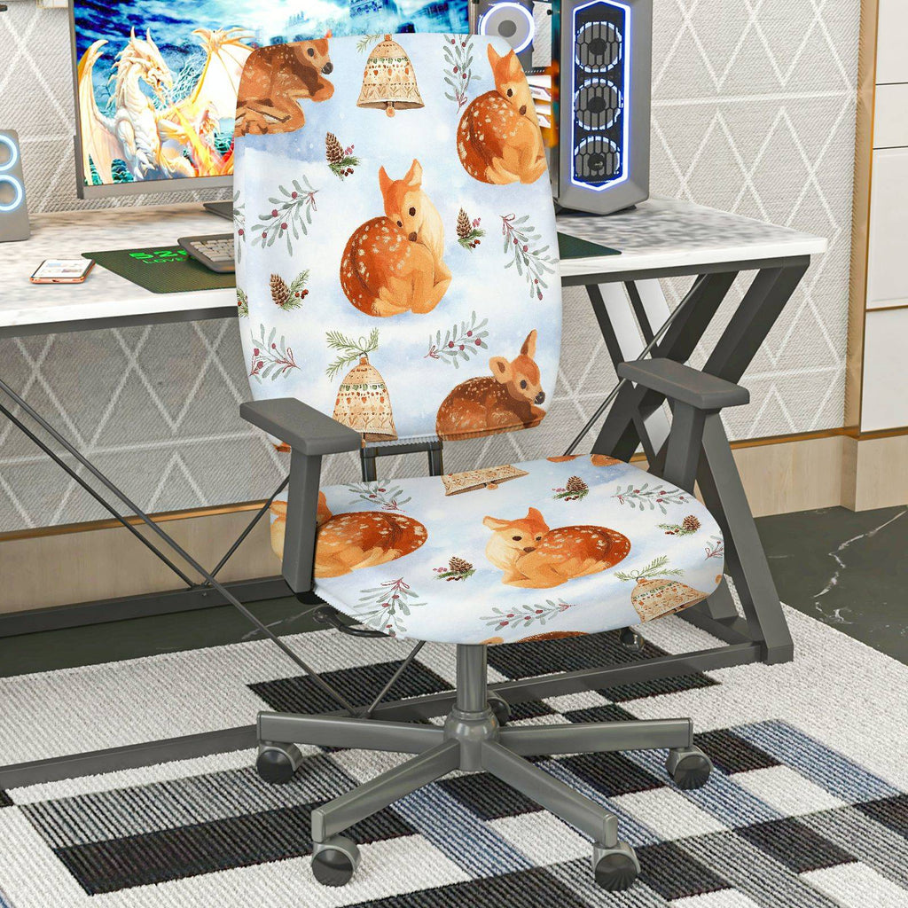 2-Piece Cute Christmas Deer Bell Pine Leaves  Computer Chair Cover Set, Seat and Backrest