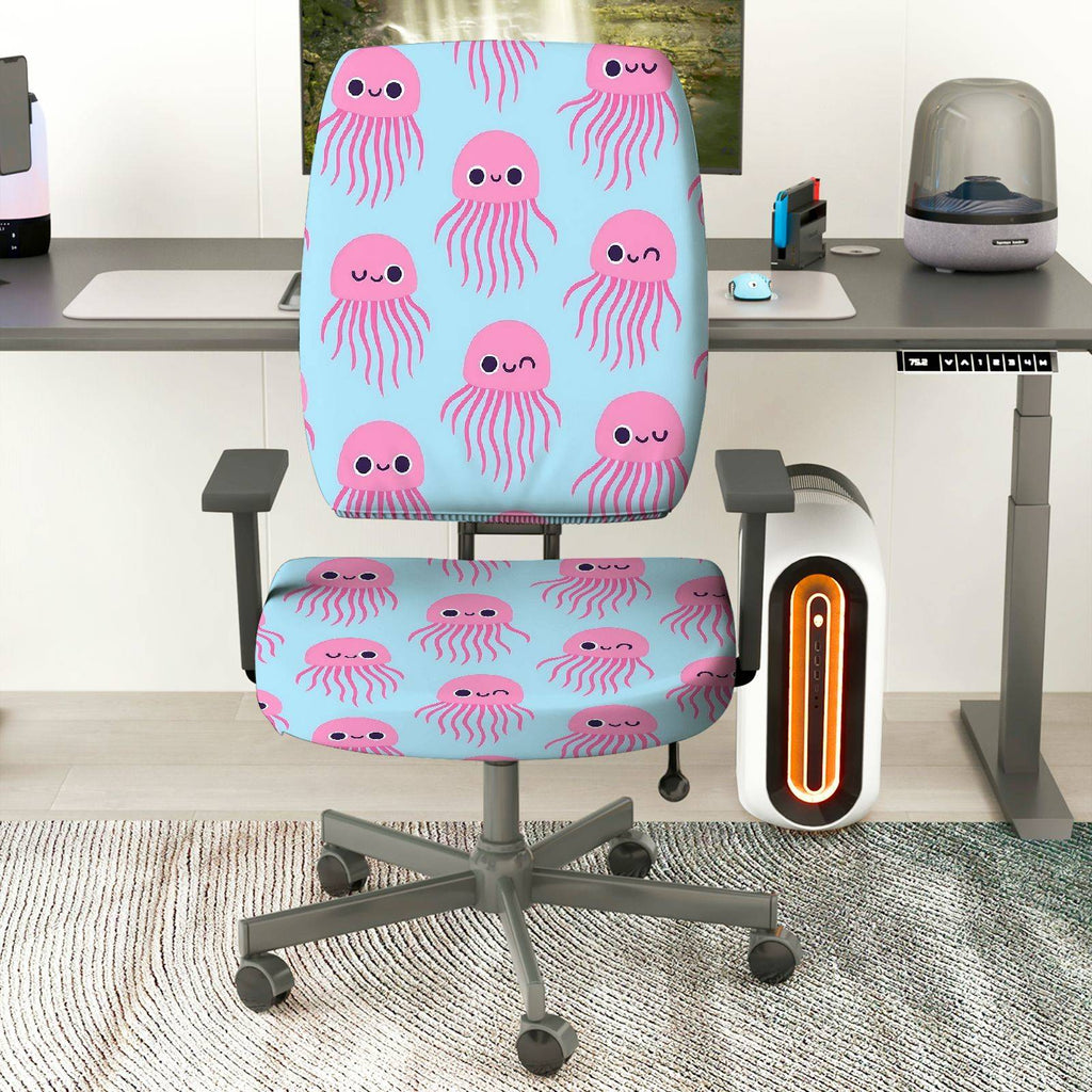 2-Piece Cute Jellyfish Pink Blue  Computer Chair Cover Set, Seat and Backrest
