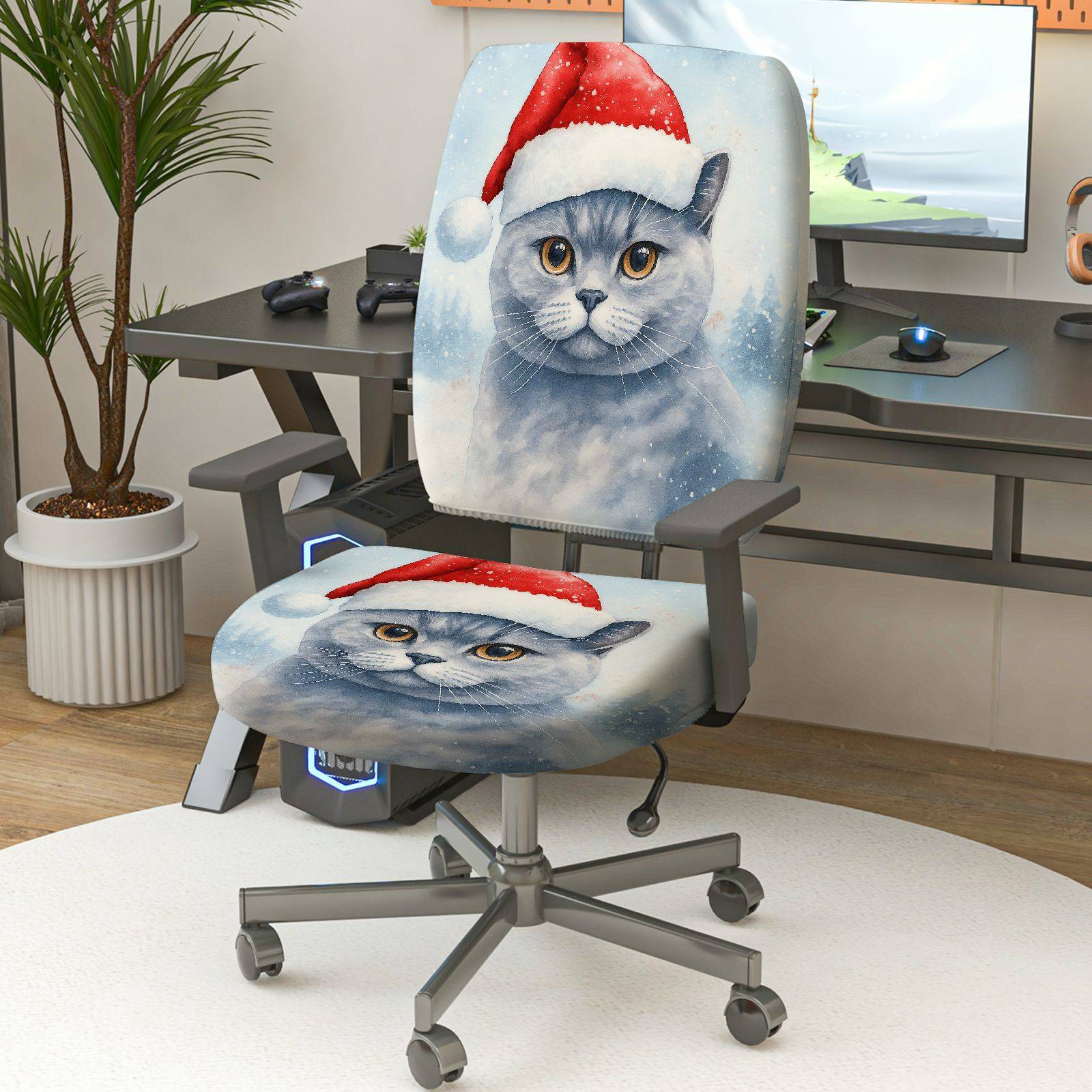 2-Piece Christmas cat festive design  Computer Chair Cover Set, Seat and Backrest
