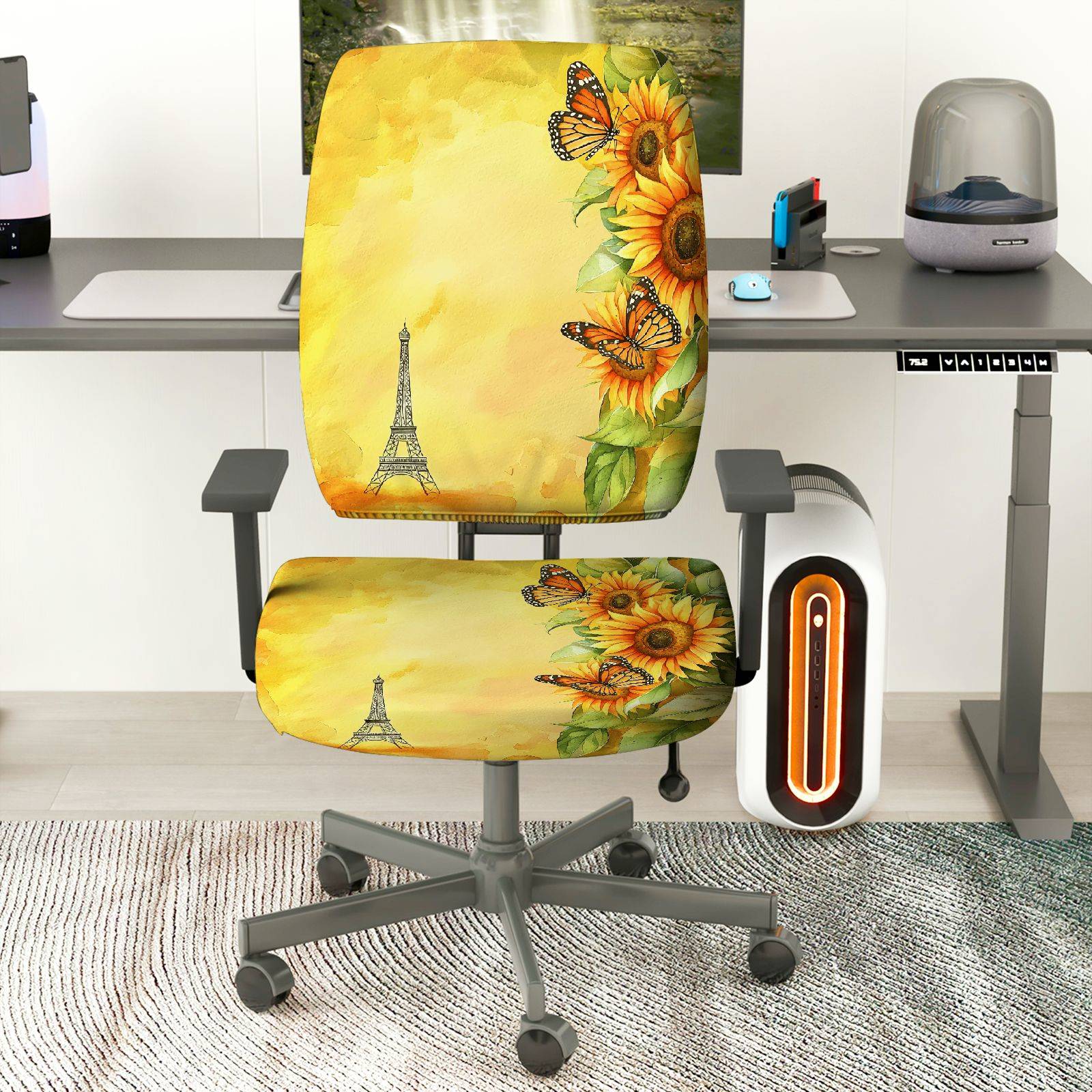2-Piece Sunflower Eiffel Tower Butterfly Nature Autumn  Computer Chair Cover Set, Seat and Backrest