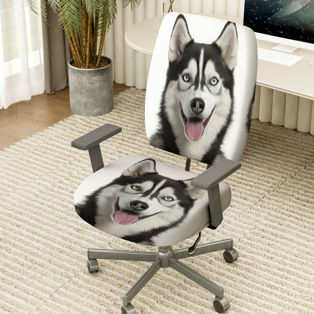 2-Piece Cute Husky Dog Animal Print Stretch  Computer Chair Cover Set, Seat and Backrest