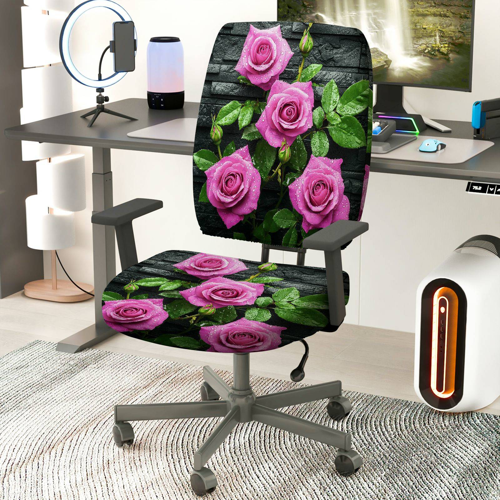 2-Piece Floral Rose Pink Green Black Sophisticated  Computer Chair Cover Set, Seat and Backrest