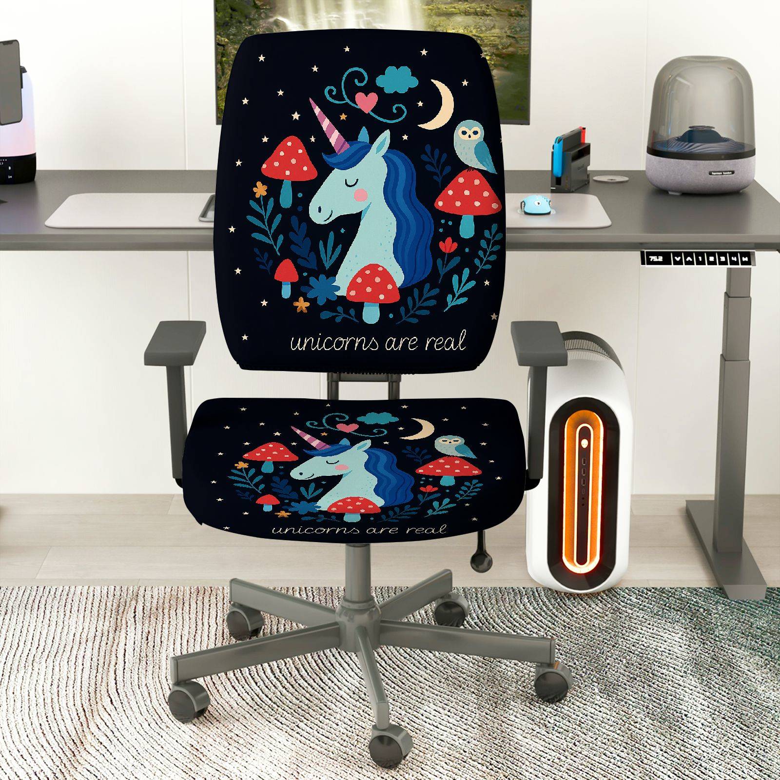 2-Piece Unicorn Fantasy Cute Decorative Colorful  Computer Chair Cover Set, Seat and Backrest