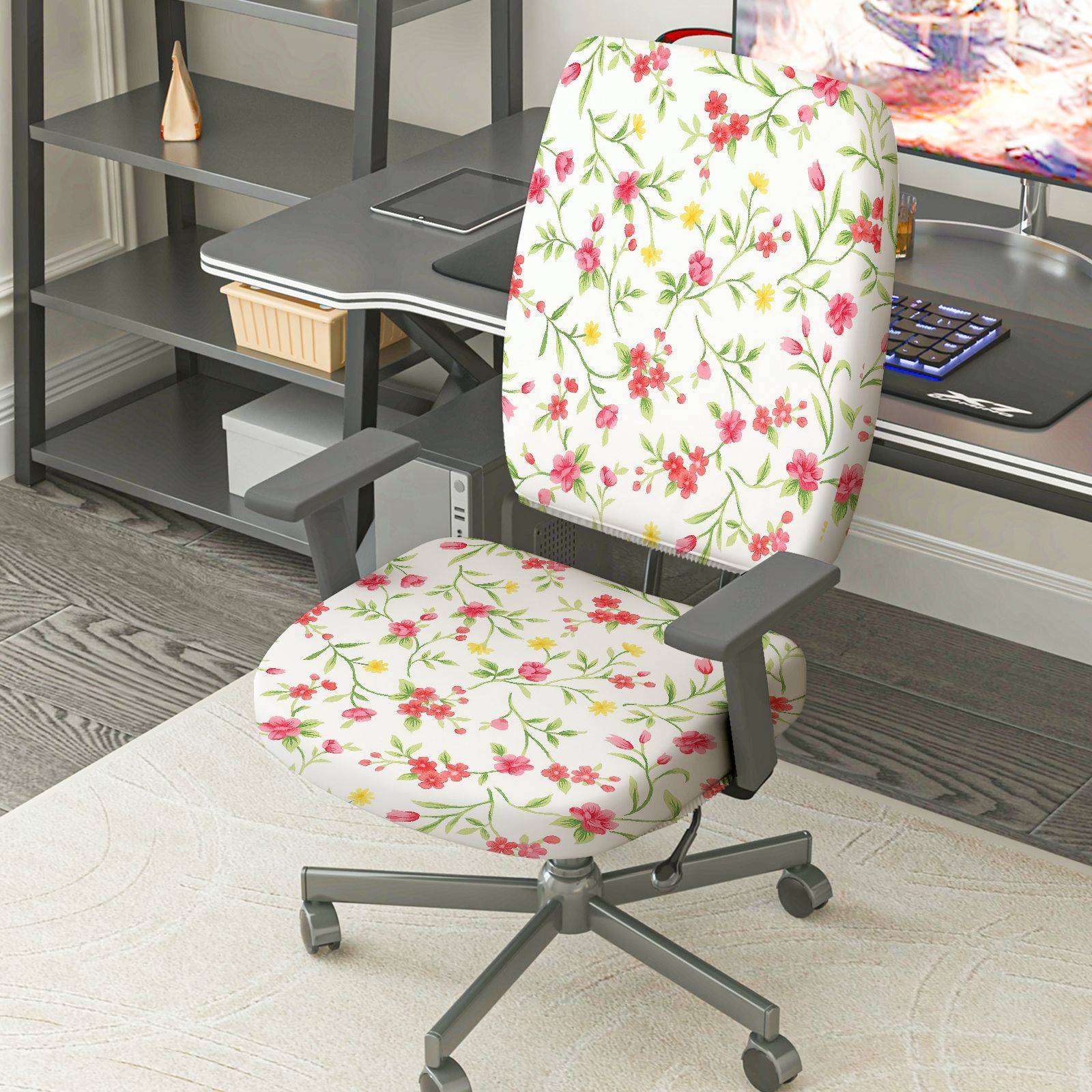 2-Piece Floral Pattern Spring Summer Flower  Computer Chair Cover Set, Seat and Backrest
