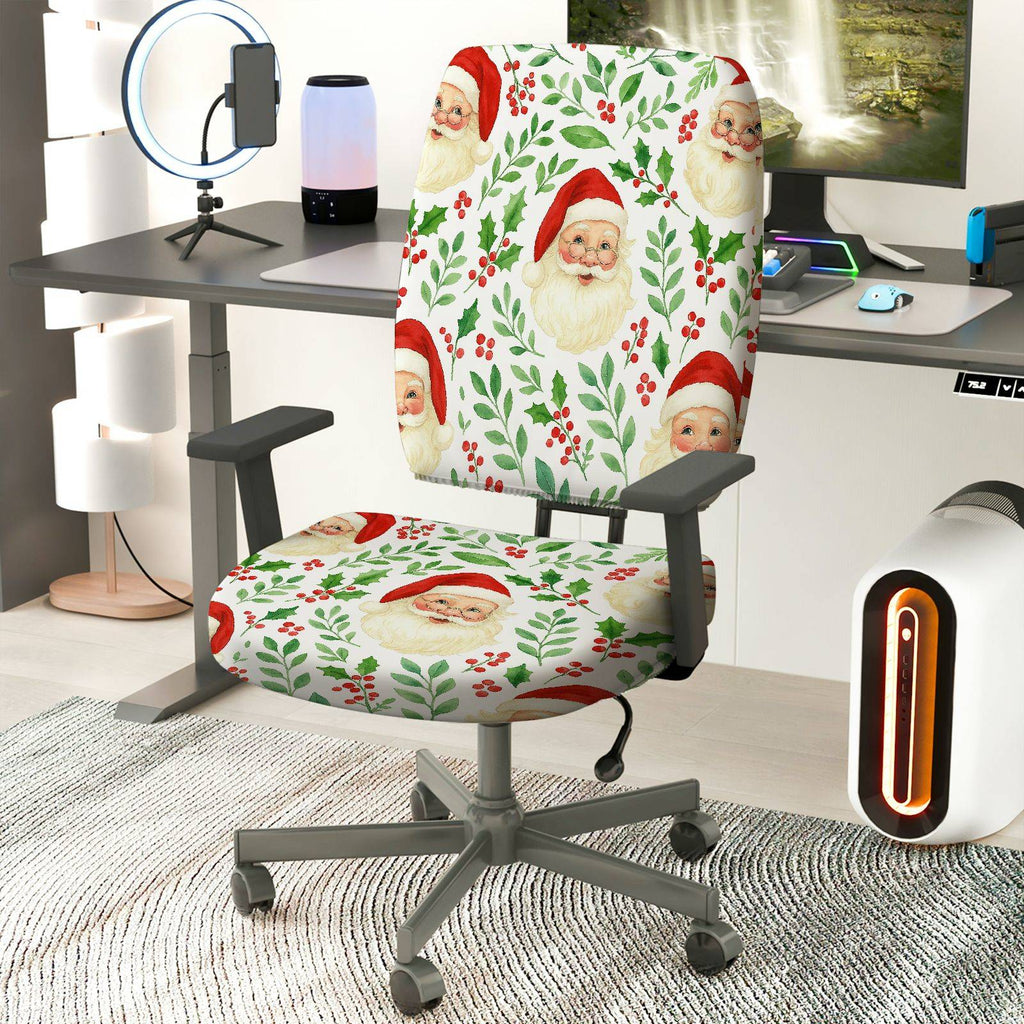 2-Piece Christmas Santa Claus Holly Berry Festive Decoration  Computer Chair Cover Set, Seat and Backrest