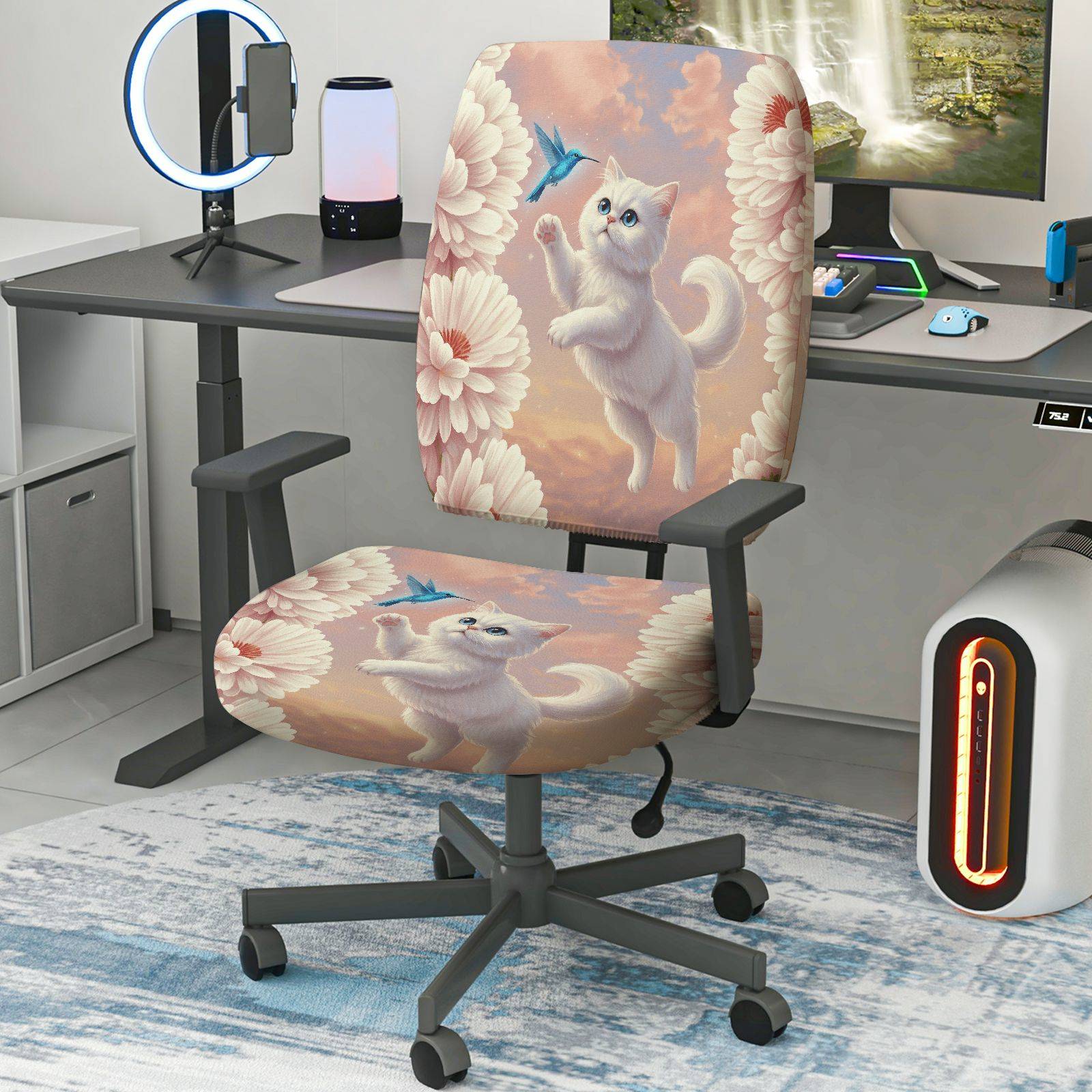 2-Piece Floral Cat Bird Clouds Sunset  Computer Chair Cover Set, Seat and Backrest