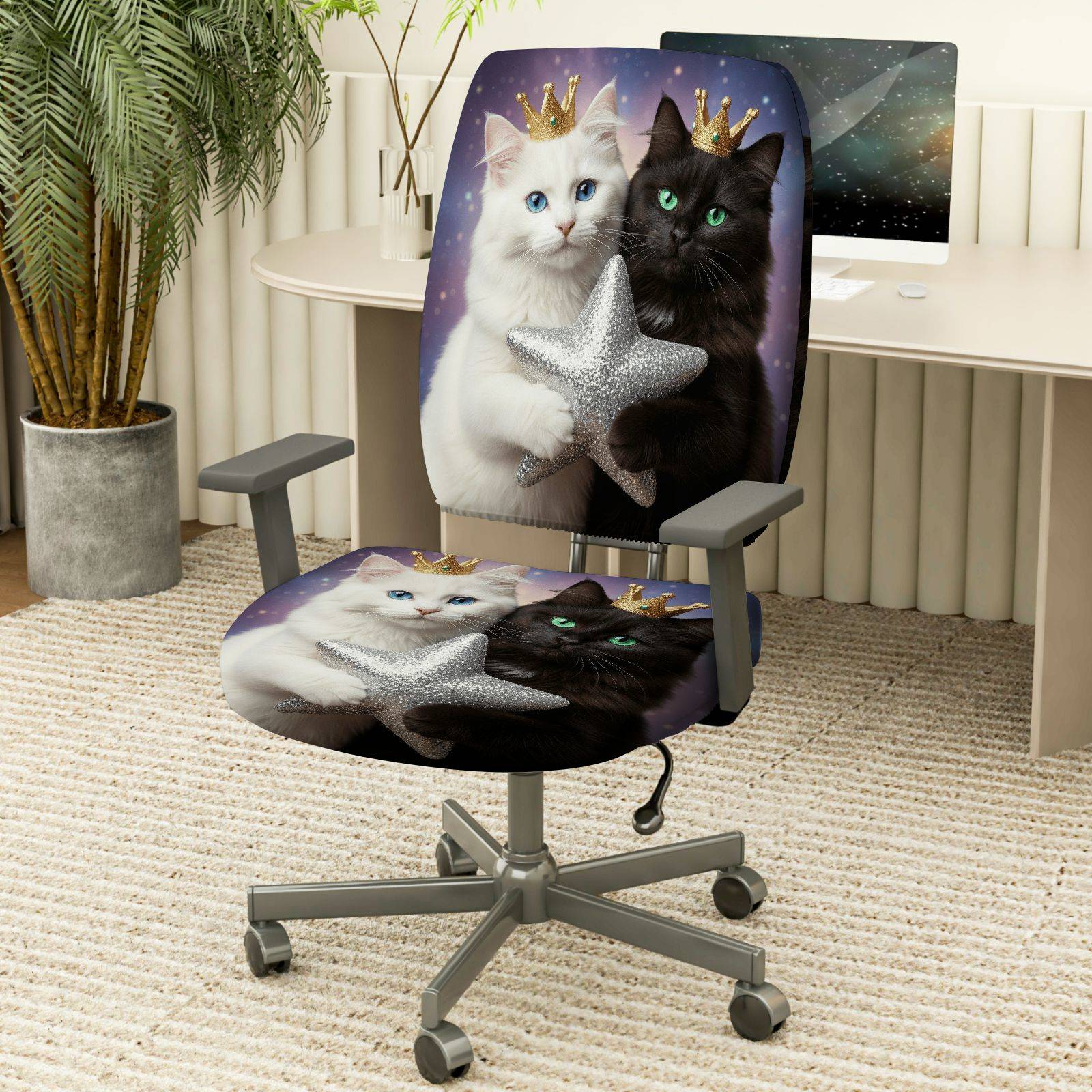 2-Piece Cute Cat Star Crown Fantasy  Computer Chair Cover Set, Seat and Backrest