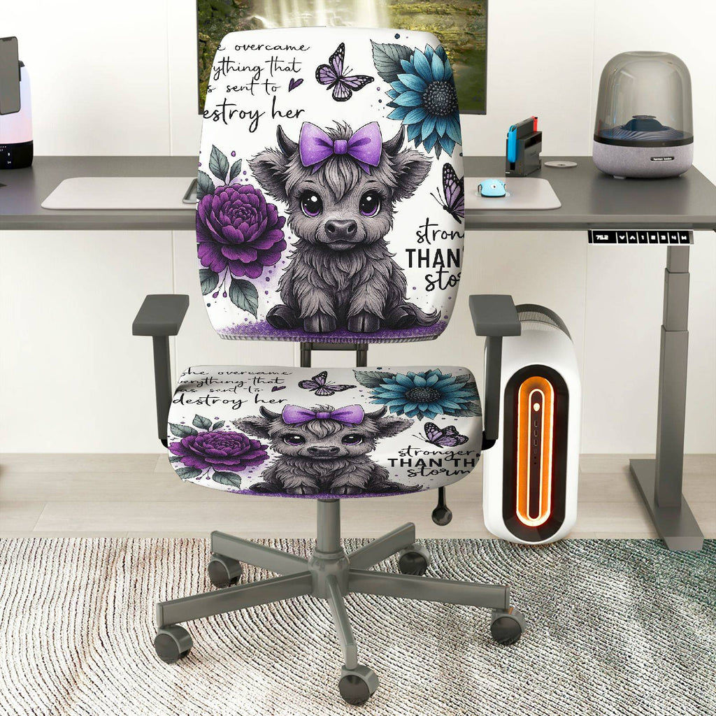 2-Piece Cute Cow Butterfly Floral  Computer Chair Cover Set, Seat and Backrest