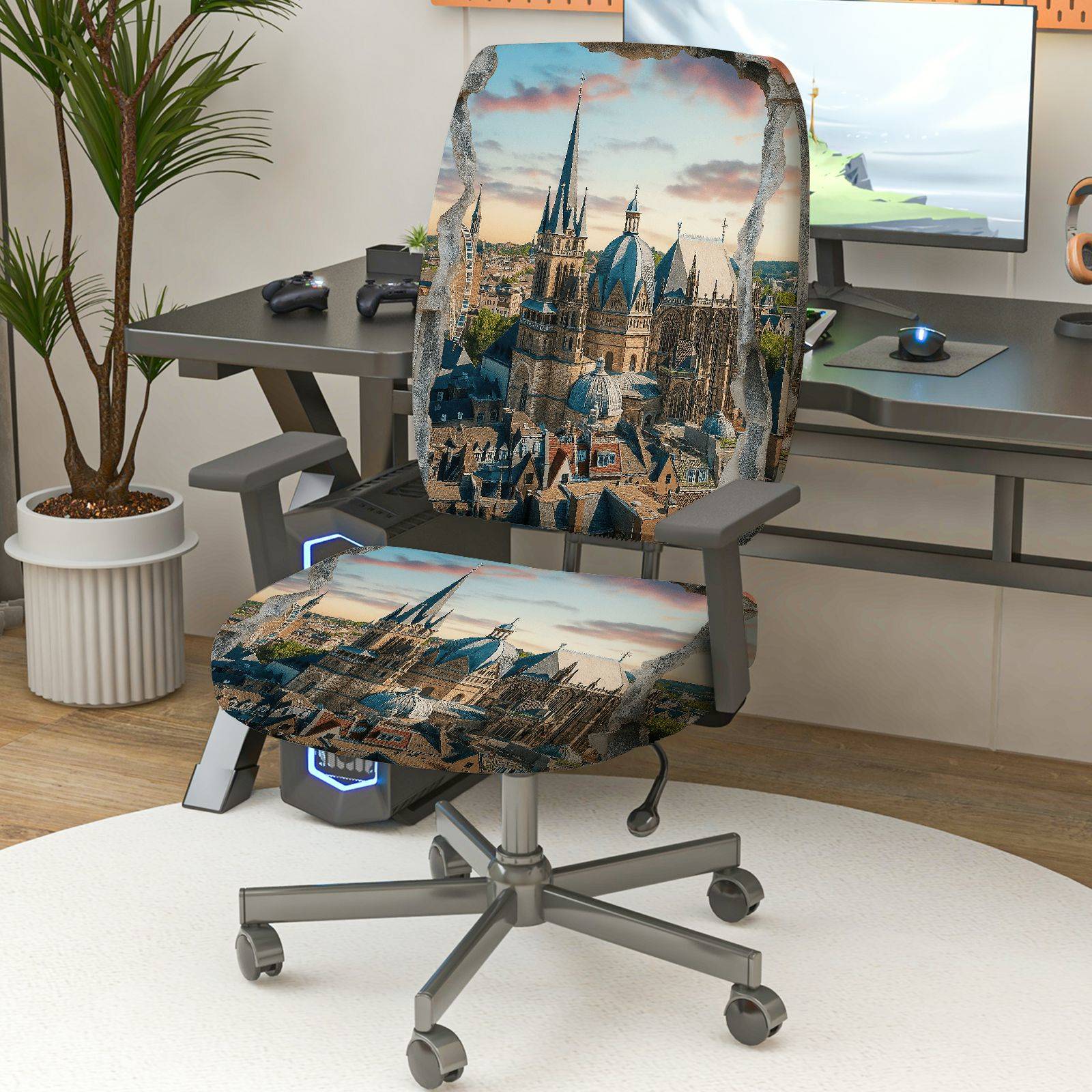 2-Piece Cathedral Landscape Architecture Travel Art  Computer Chair Cover Set, Seat and Backrest