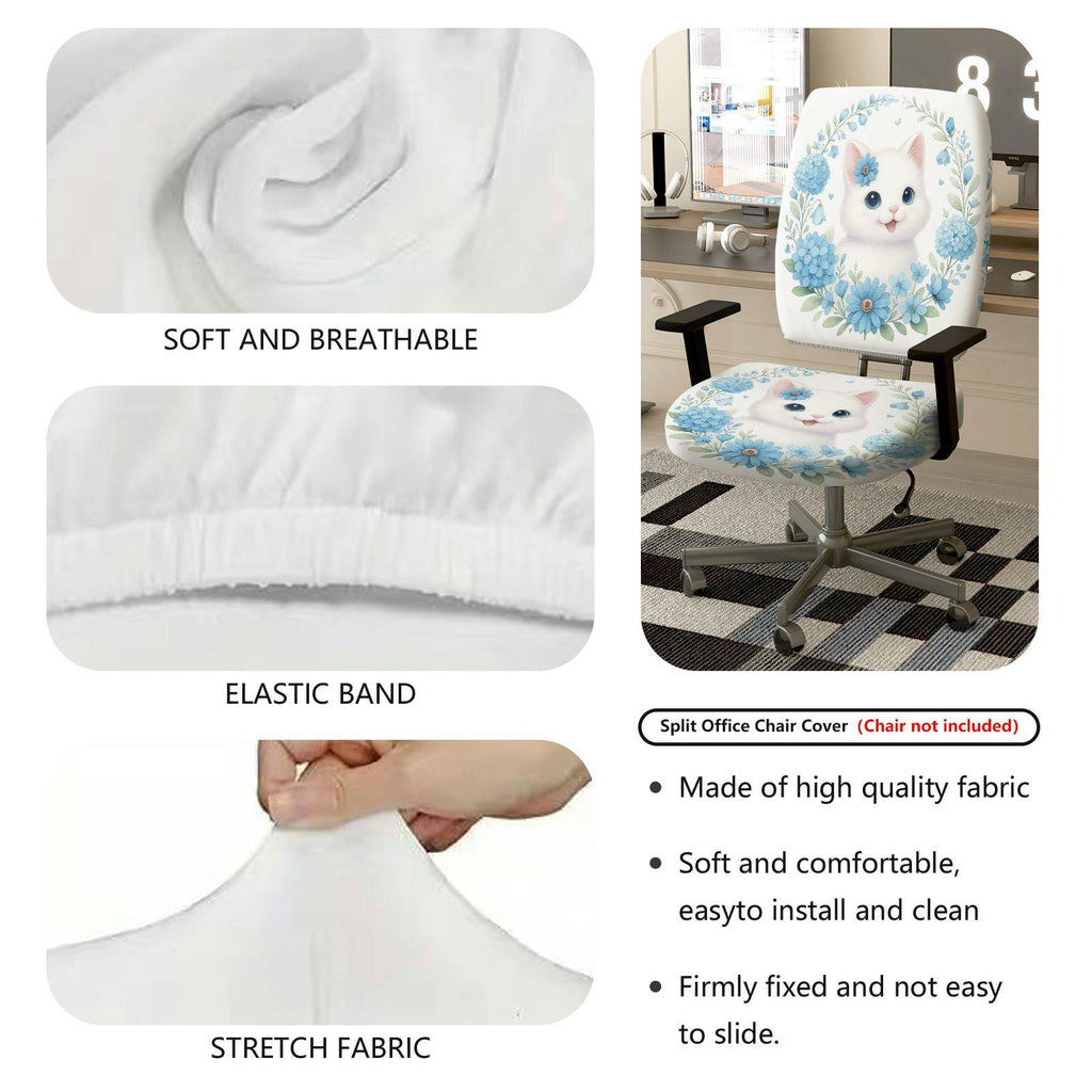 2-Piece Cute Floral Cat Pattern Printed  Computer Chair Cover Set, Seat and Backrest