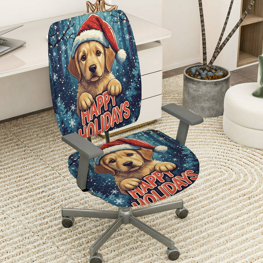 2-Piece Seasonal Puppy Christmas Dog Santa Happy Holidays  Computer Chair Cover Set, Seat and Backrest