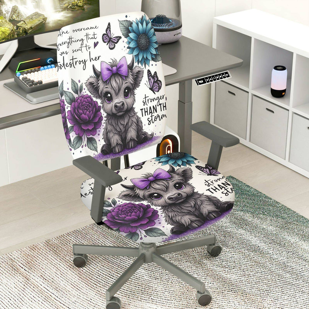 2-Piece Cute Cow Butterfly Floral  Computer Chair Cover Set, Seat and Backrest