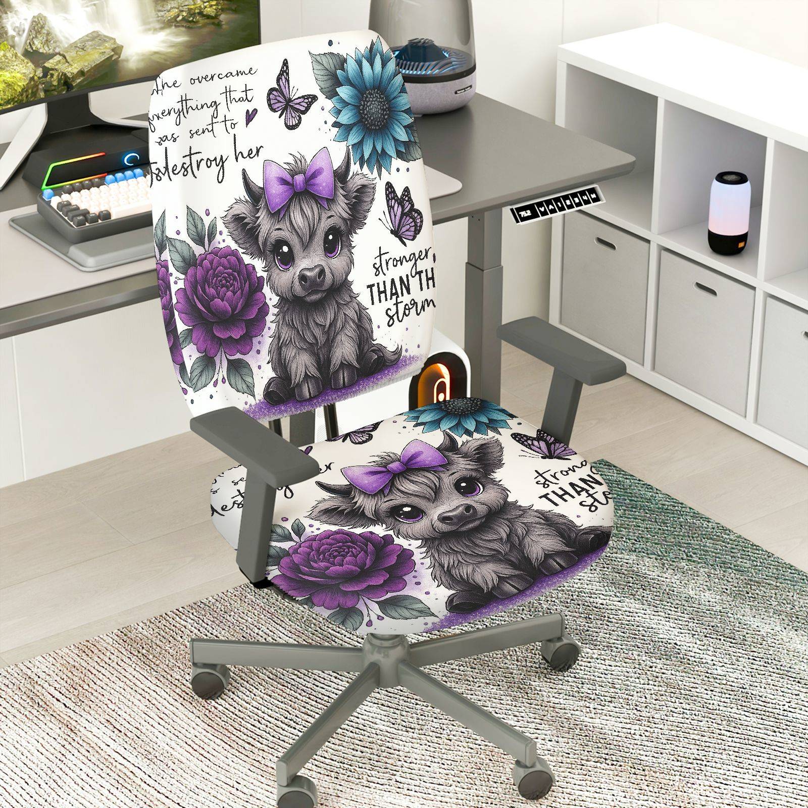 2-Piece Cute Cow Butterfly Floral  Computer Chair Cover Set, Seat and Backrest