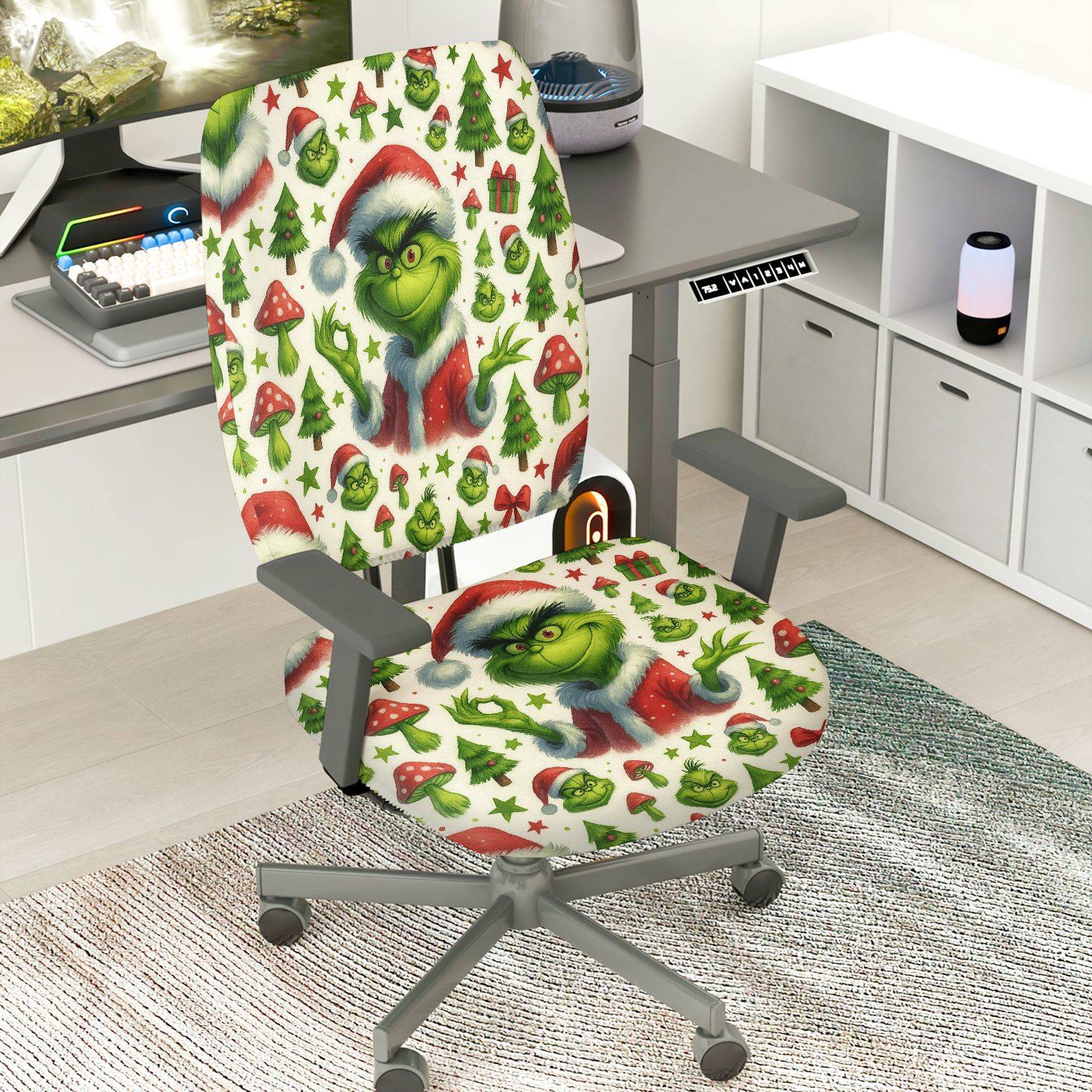 2-Piece Christmas Grinch Santa Tree Gift Decoration  Computer Chair Cover Set, Seat and Backrest