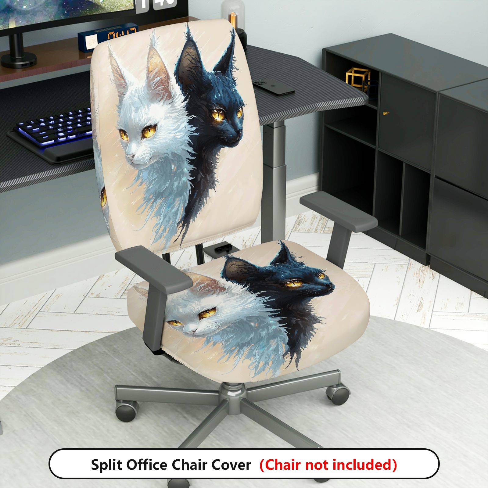 2-Piece Artistic Dual Cats Ink Painting Stylish Modern Unique  Computer Chair Cover Set, Seat and Backrest