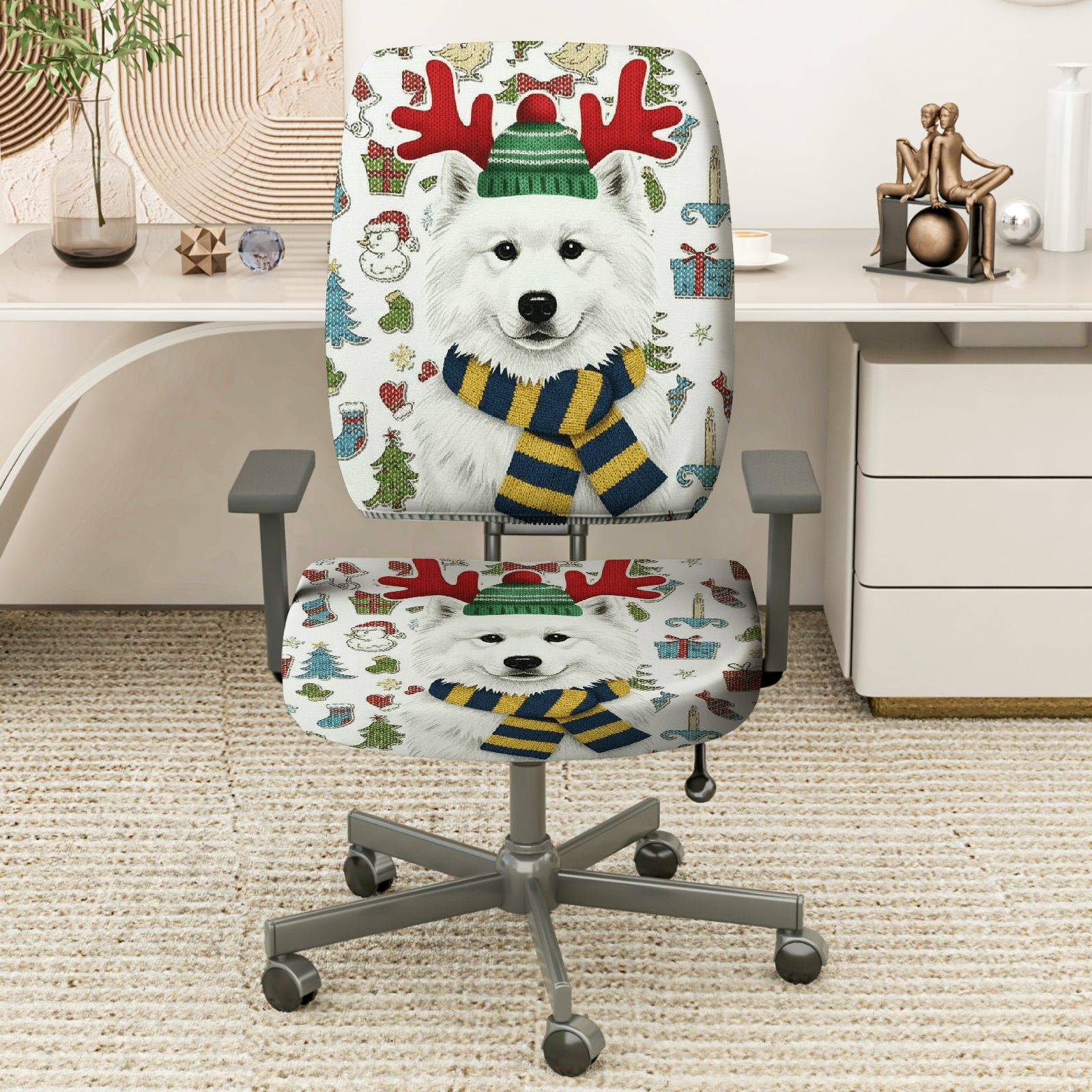 2-Piece Christmas Reindeer Dog Winter Holiday Snow  Computer Chair Cover Set, Seat and Backrest